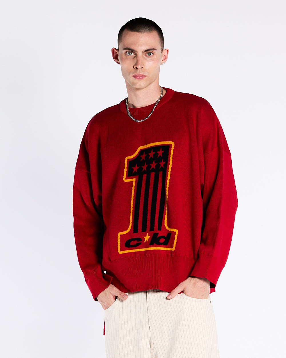 CHAMPIONS CLUB KNIT VIVID RED - red graphic knit sweater, front view on male model - Cold Culture #man