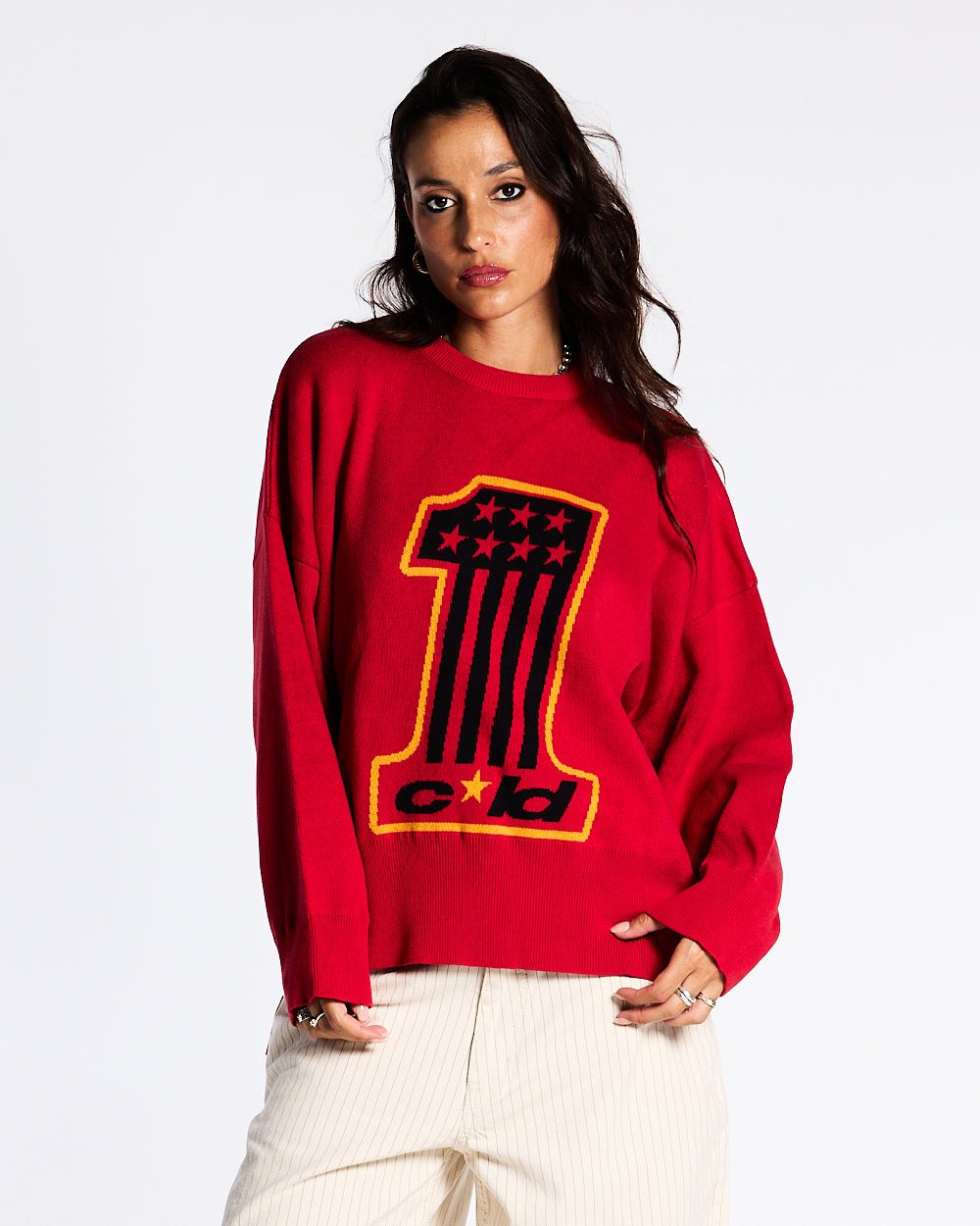 CHAMPIONS CLUB KNIT VIVID RED - red graphic knit sweater, front view on female model - Cold Culture #woman