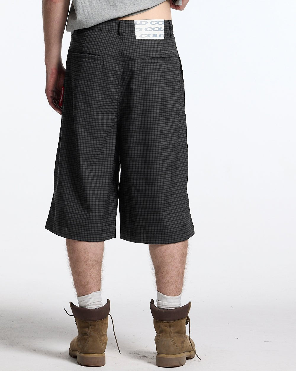 CHECK PARACHUTE JORT DARK GREY - dark grey check shorts, back view on male model - Cold Culture