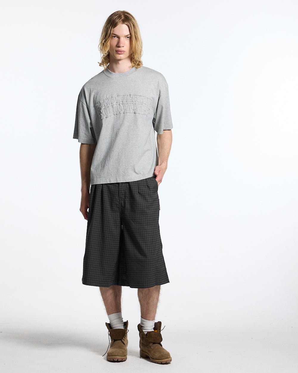 CHECK PARACHUTE JORT DARK GREY - dark grey check shorts, front view on male model - Cold Culture #man