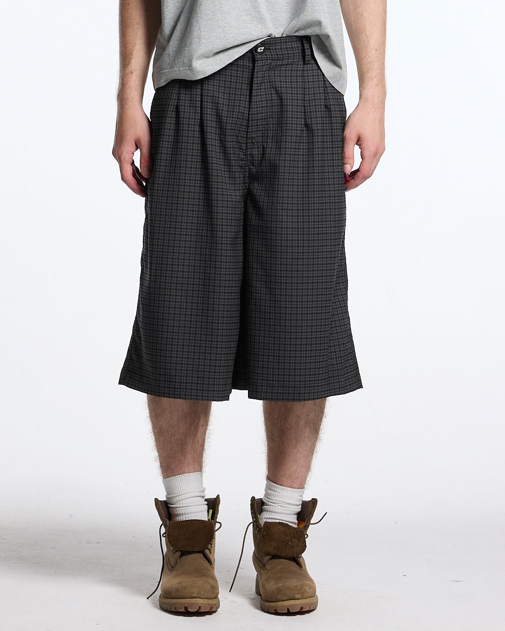 CHECK PARACHUTE JORT DARK GREY - dark grey check shorts, front view on male model - Cold Culture