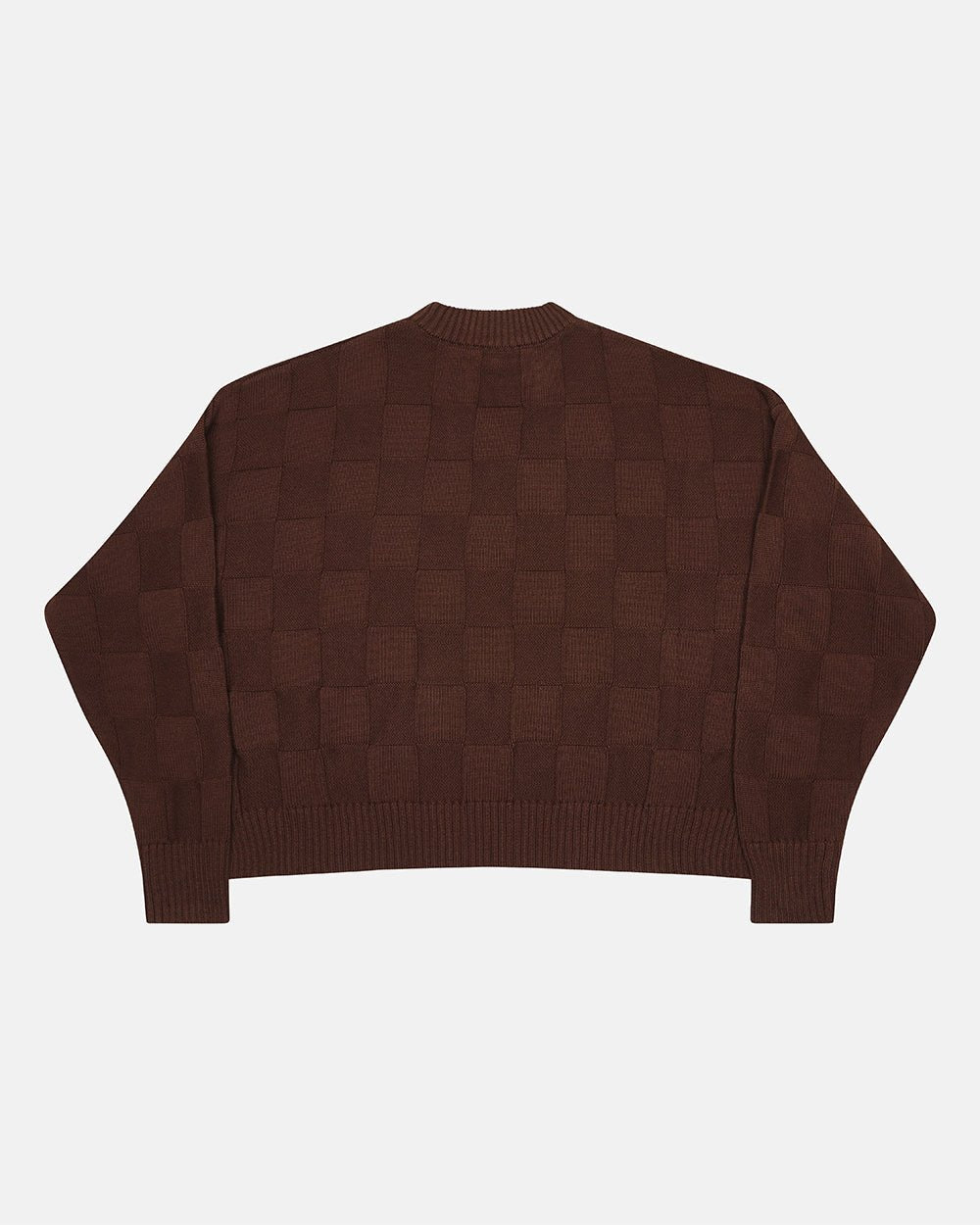 CHECKMATE KNITWEAR BROWN - brown checkerboard knit sweater, back view - Cold Culture #packshot