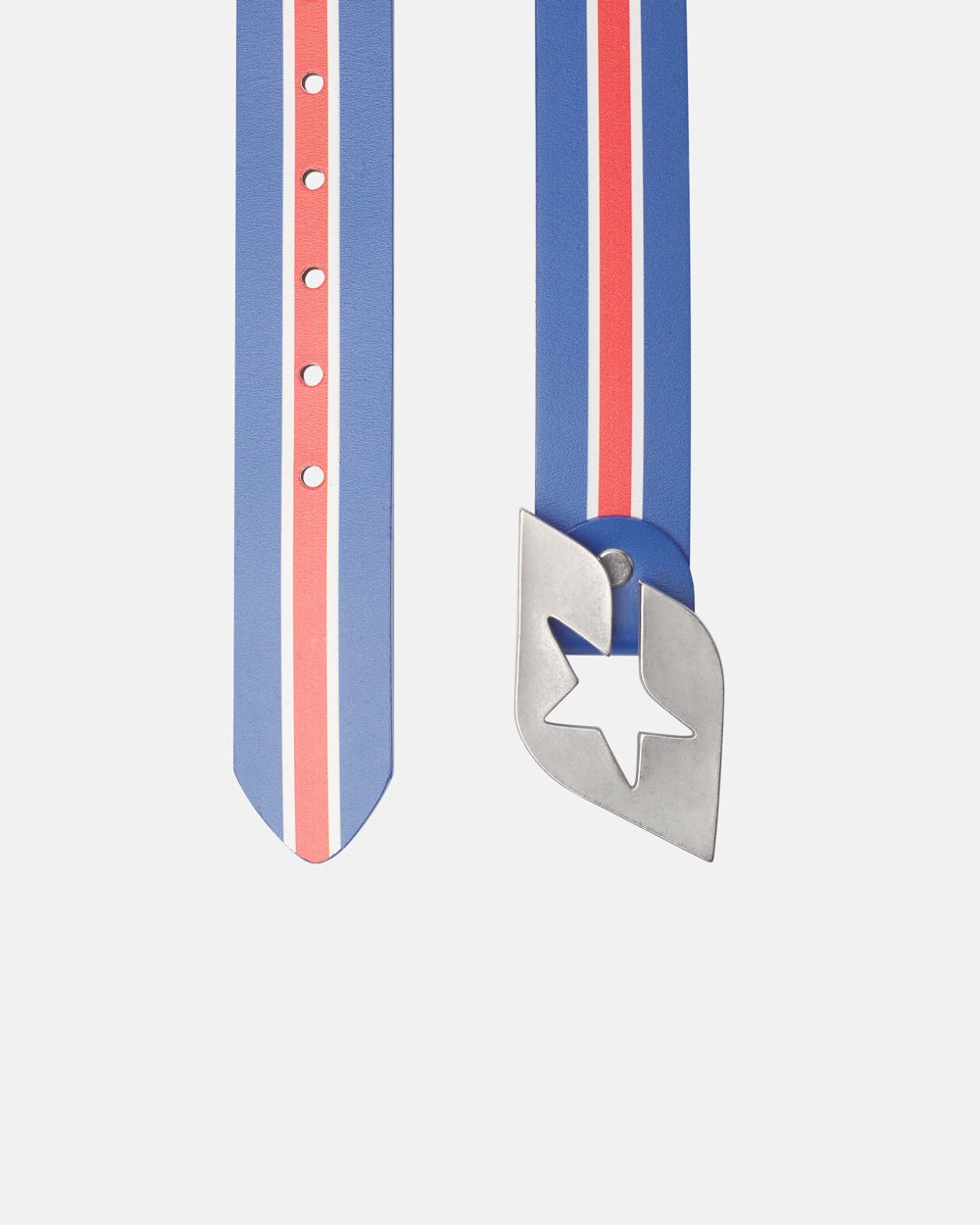 CHEERS LEATHER BELT BLUE & RED - blue and red striped leather belt, detail close-up - Cold Culture