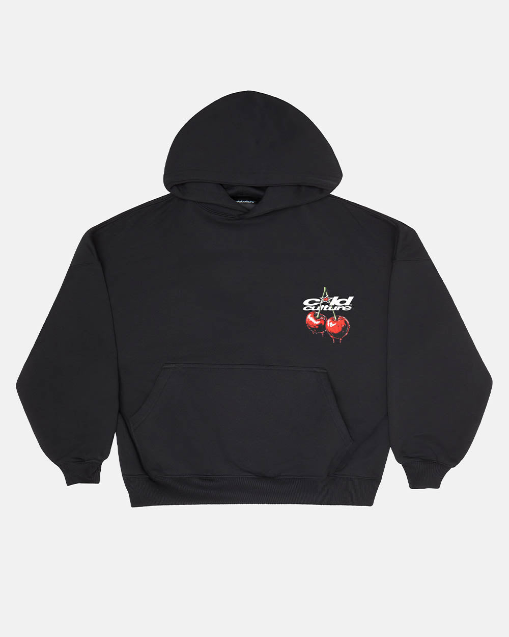 CHERRY HOODIE BLACK - black graphic print hoodie, front view - Cold Culture #packshot