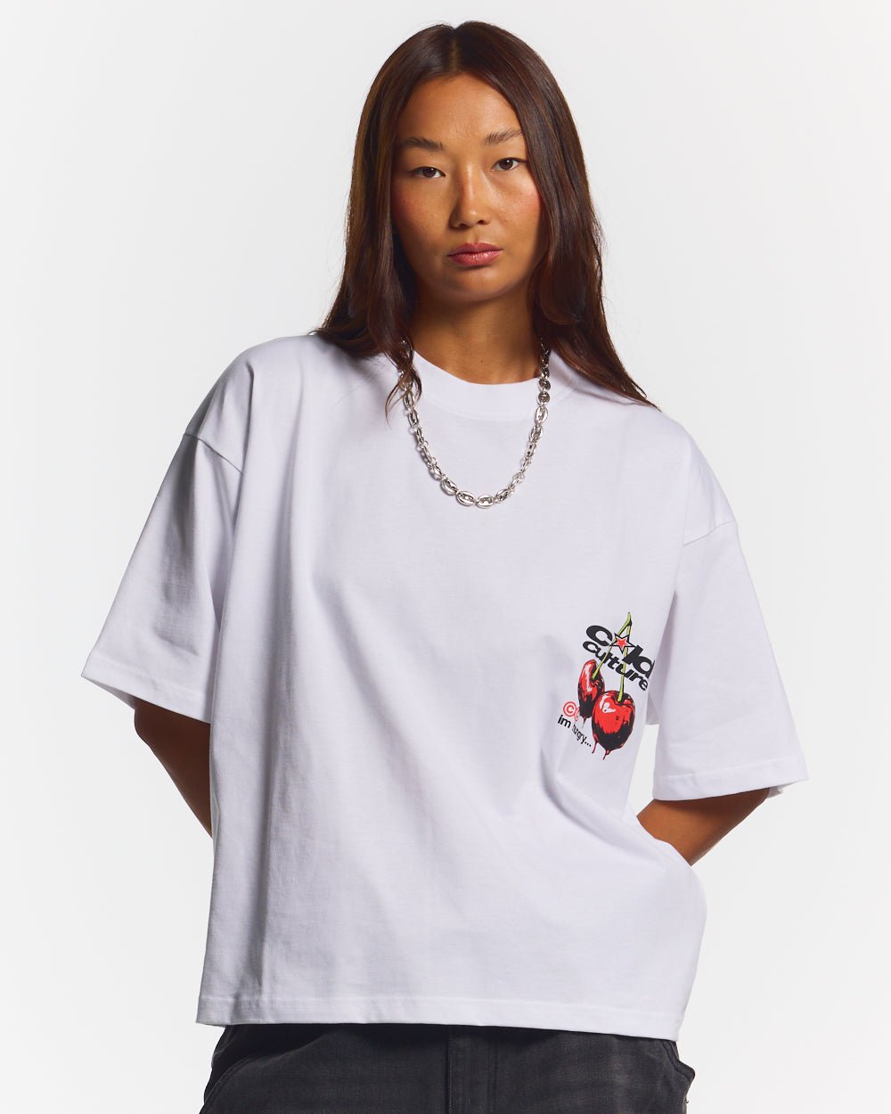 CHERRY TEE WHITE - white graphic print tee, front view on female model - Cold Culture #woman