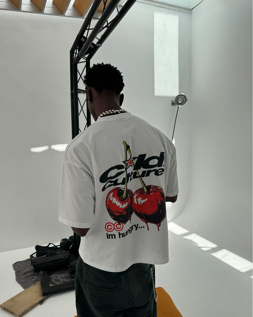 CHERRY TEE WHITE - white graphic print tee, back view on male model - Cold Culture