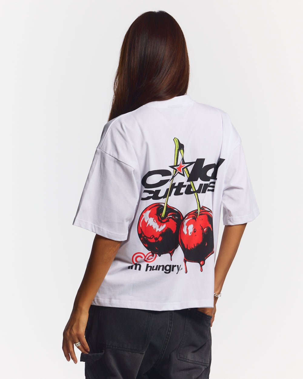 CHERRY TEE WHITE - white graphic print tee, back view on female model - Cold Culture #woman