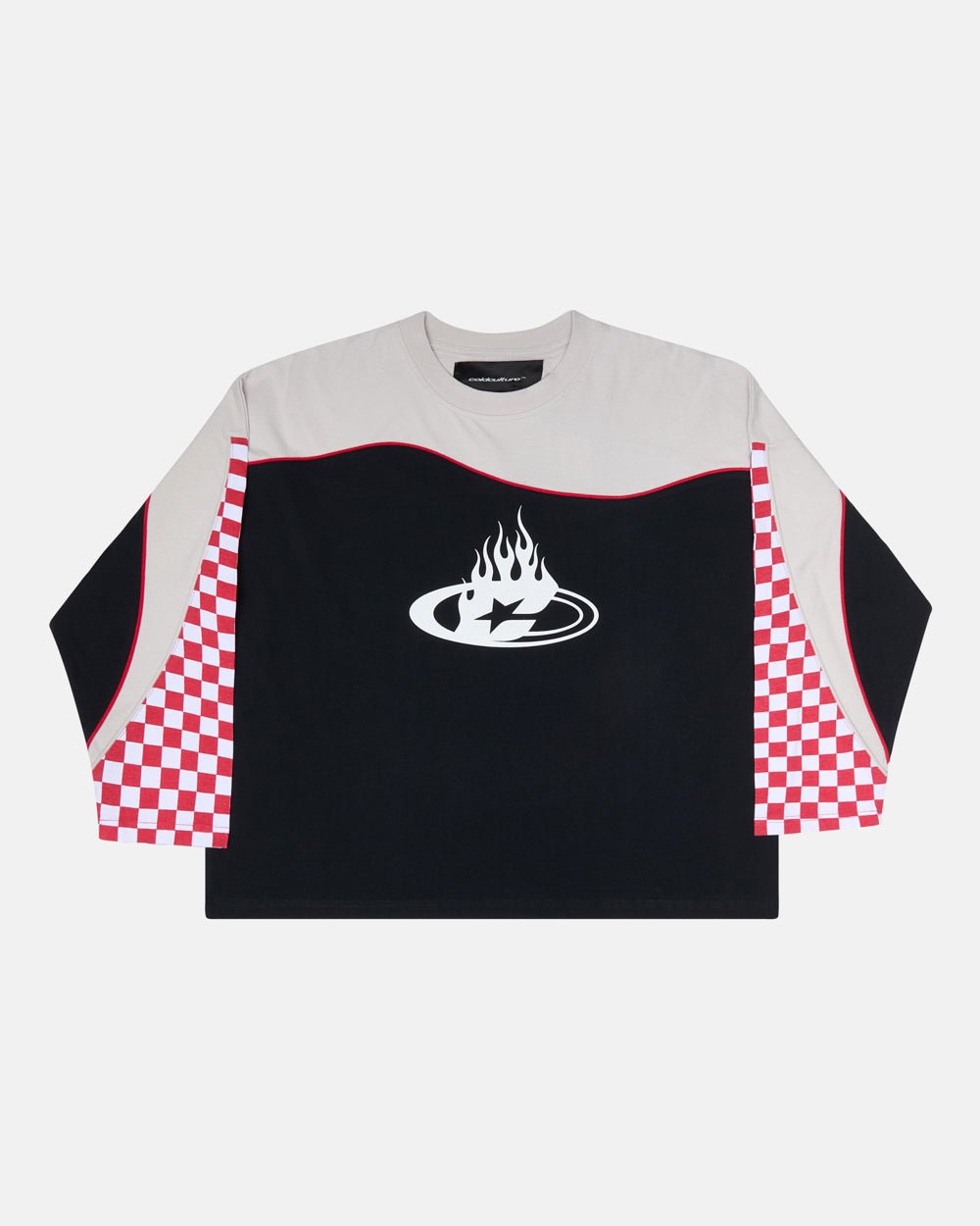 CHESS FLAMES TEE - black and cream checkered longsleeve tee, front view - Cold Culture #packshot