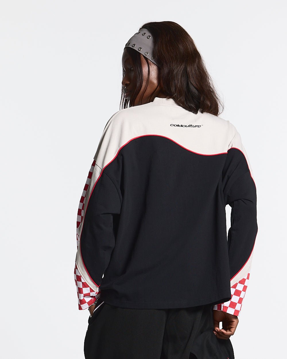 CHESS FLAMES TEE - black and cream checkered longsleeve tee, back view on female model - Cold Culture #woman