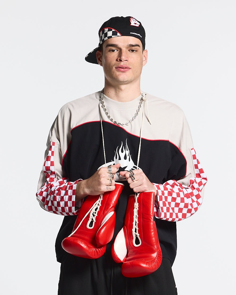 CHESS FLAMES TEE - black and cream checkered longsleeve tee, front view on male model - Cold Culture #man