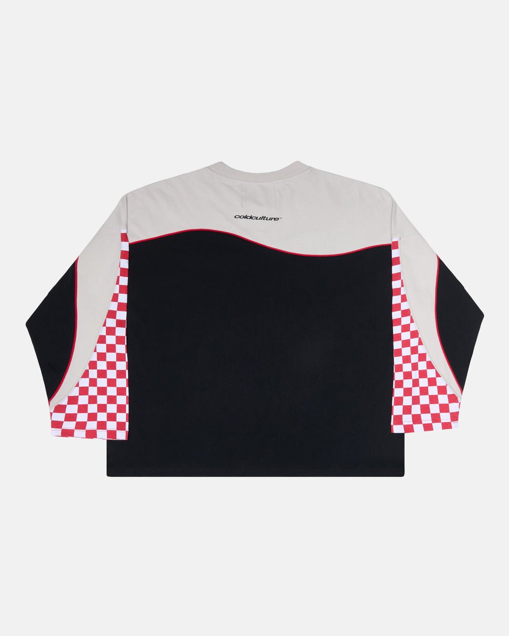 CHESS FLAMES TEE - black and cream checkered longsleeve tee, back view - Cold Culture #packshot
