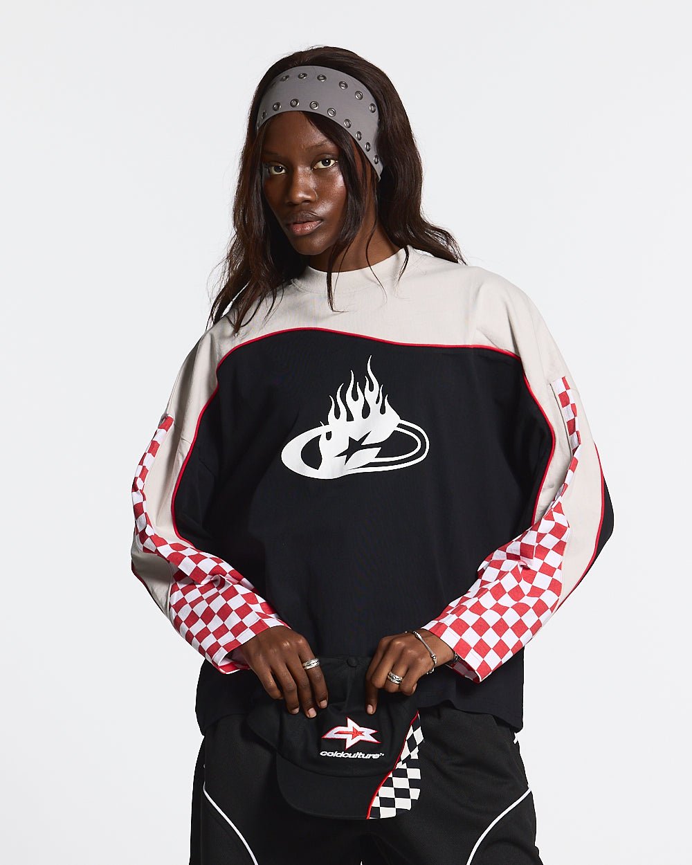 CHESS FLAMES TEE - black and cream checkered longsleeve tee, front view on female model - Cold Culture #woman
