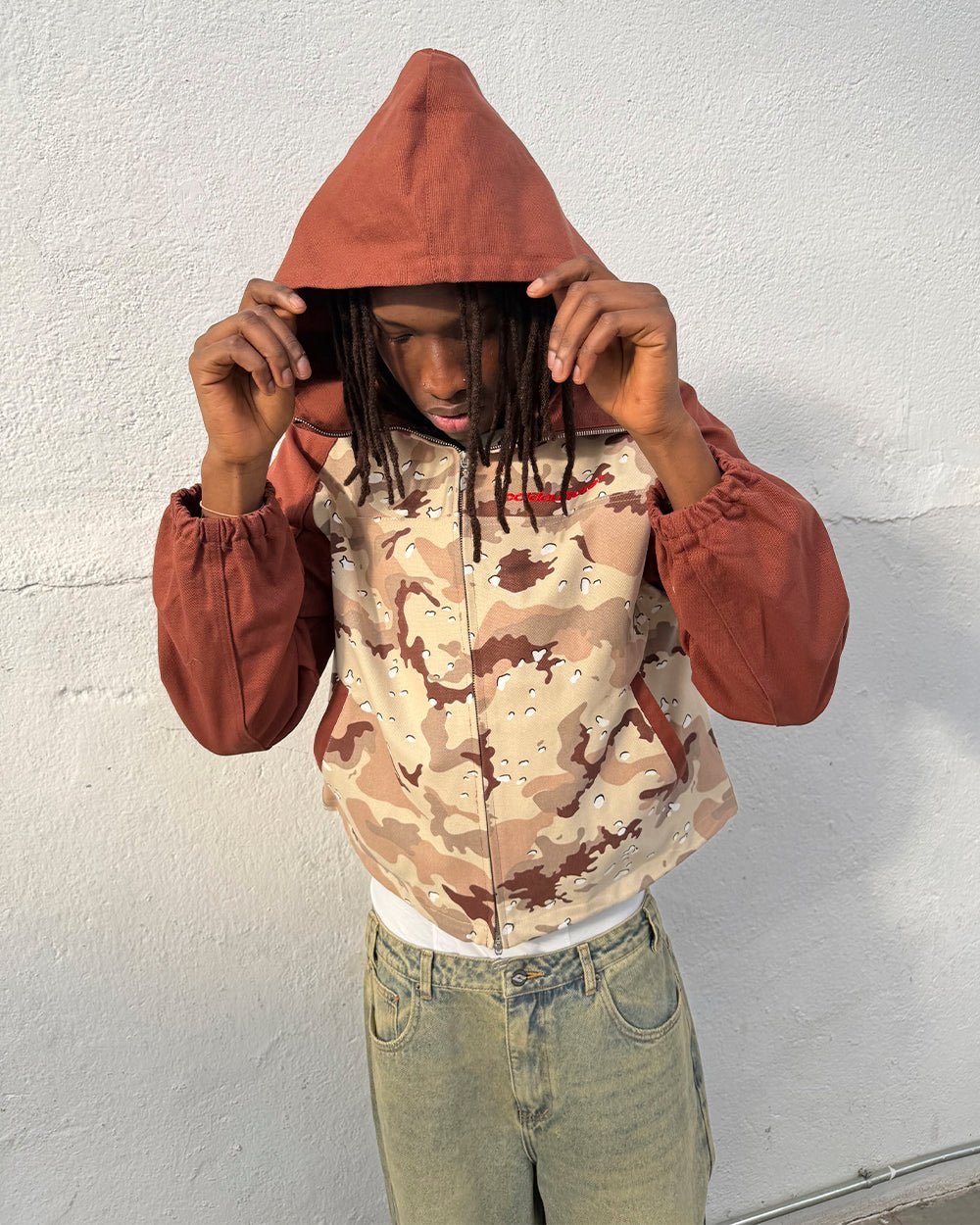 CHIPPED CAMO JACKET BROWN & CAMO - brown desert camo jacket, street style shot - Cold Culture