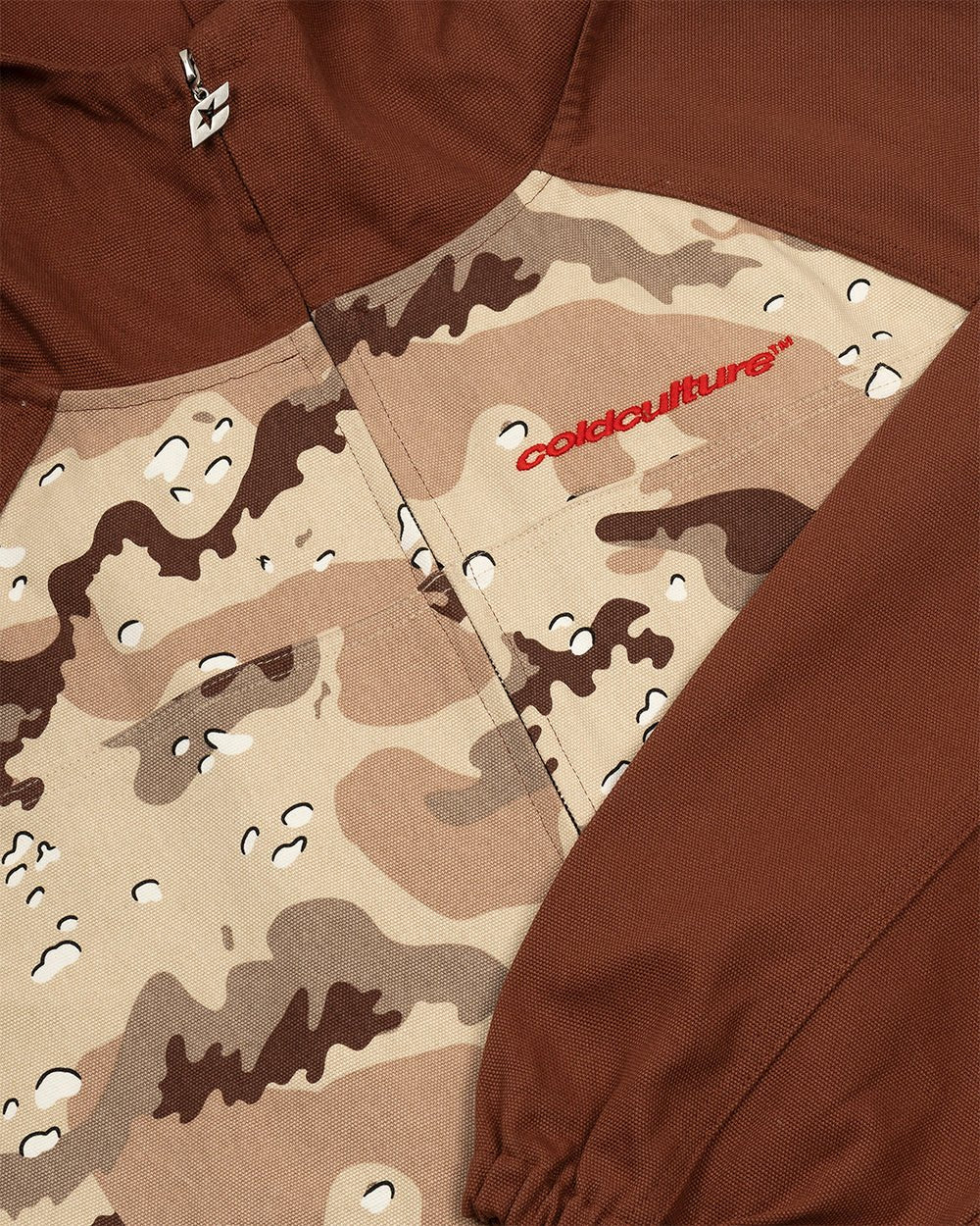 CHIPPED CAMO JACKET BROWN & CAMO - brown desert camo jacket, detail close-up - Cold Culture