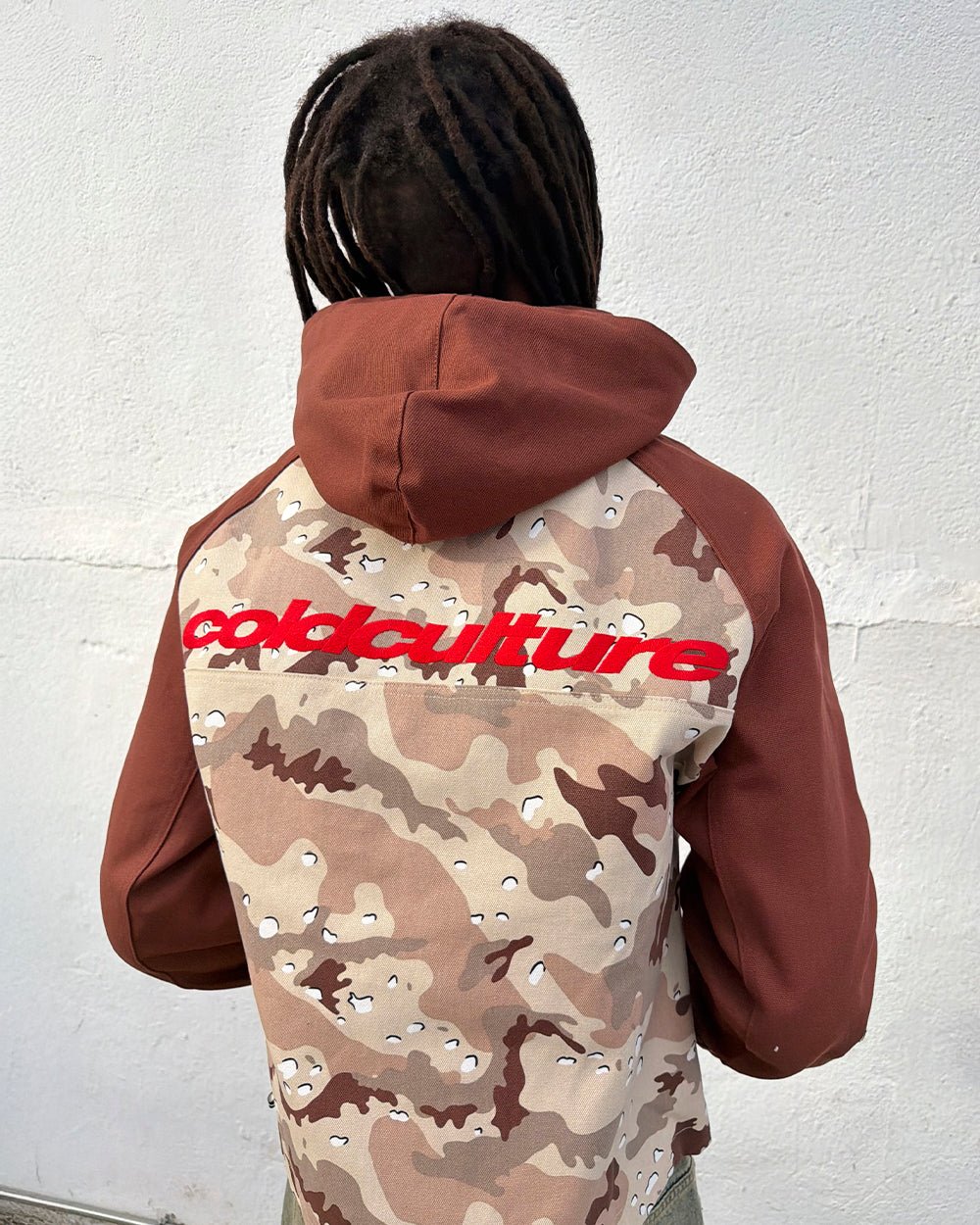 CHIPPED CAMO JACKET BROWN & CAMO - brown desert camo jacket, back view on male model - Cold Culture