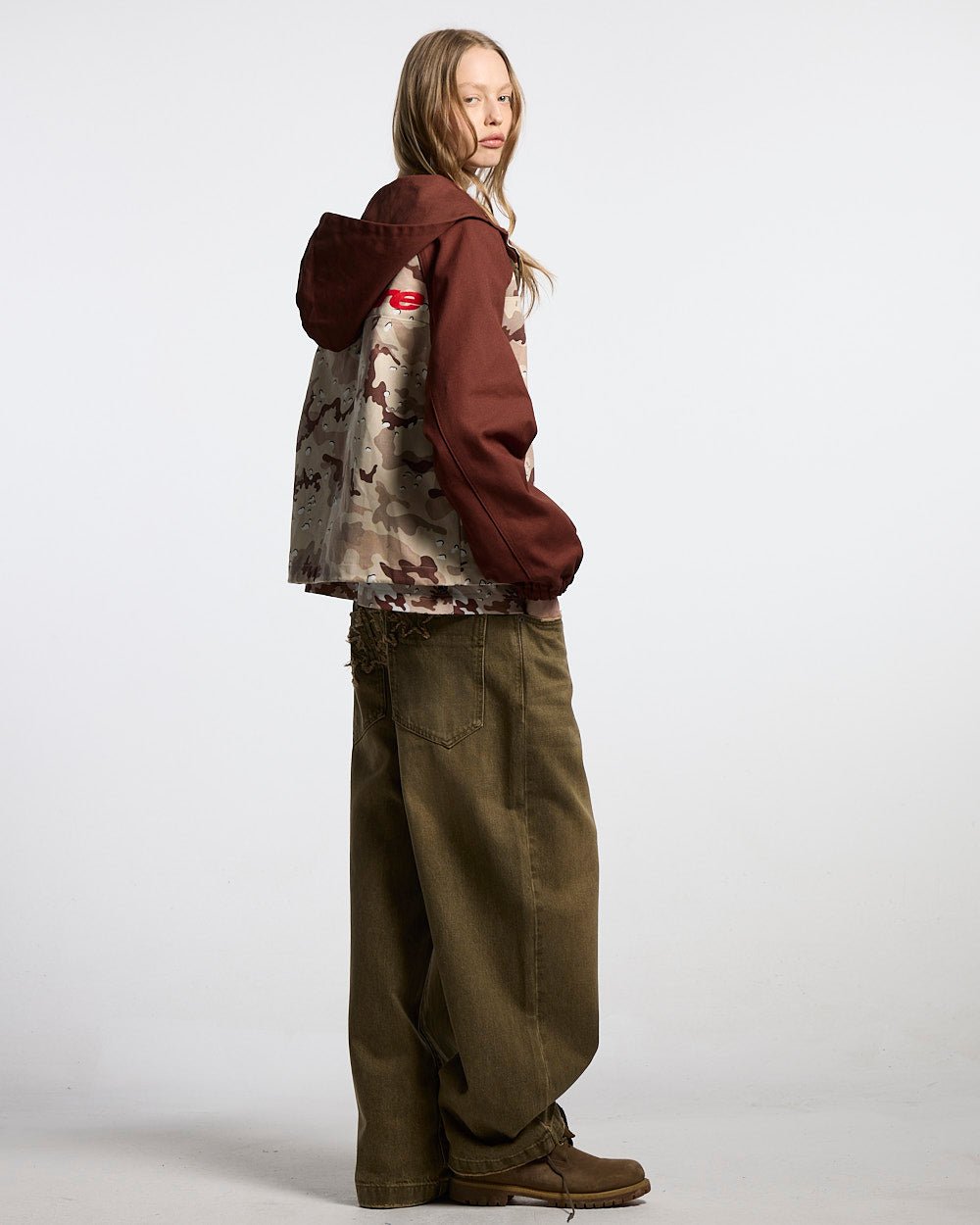 CHIPPED CAMO JACKET BROWN & CAMO - brown desert camo jacket, side view - Cold Culture #woman