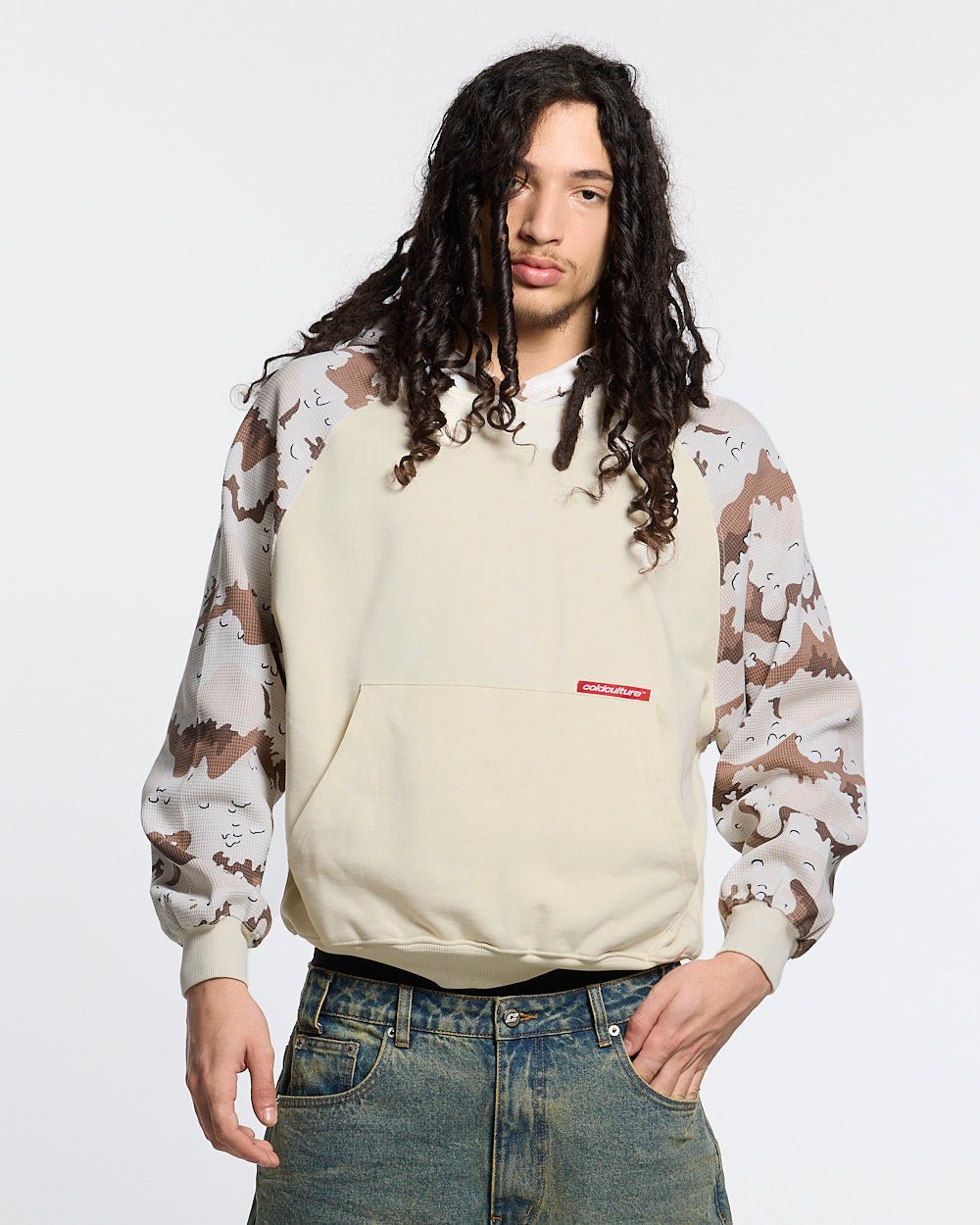 CHIPPED WAFFLE HOODIE BEIGE - beige camo sleeve hoodie, front view on male model - Cold Culture #man