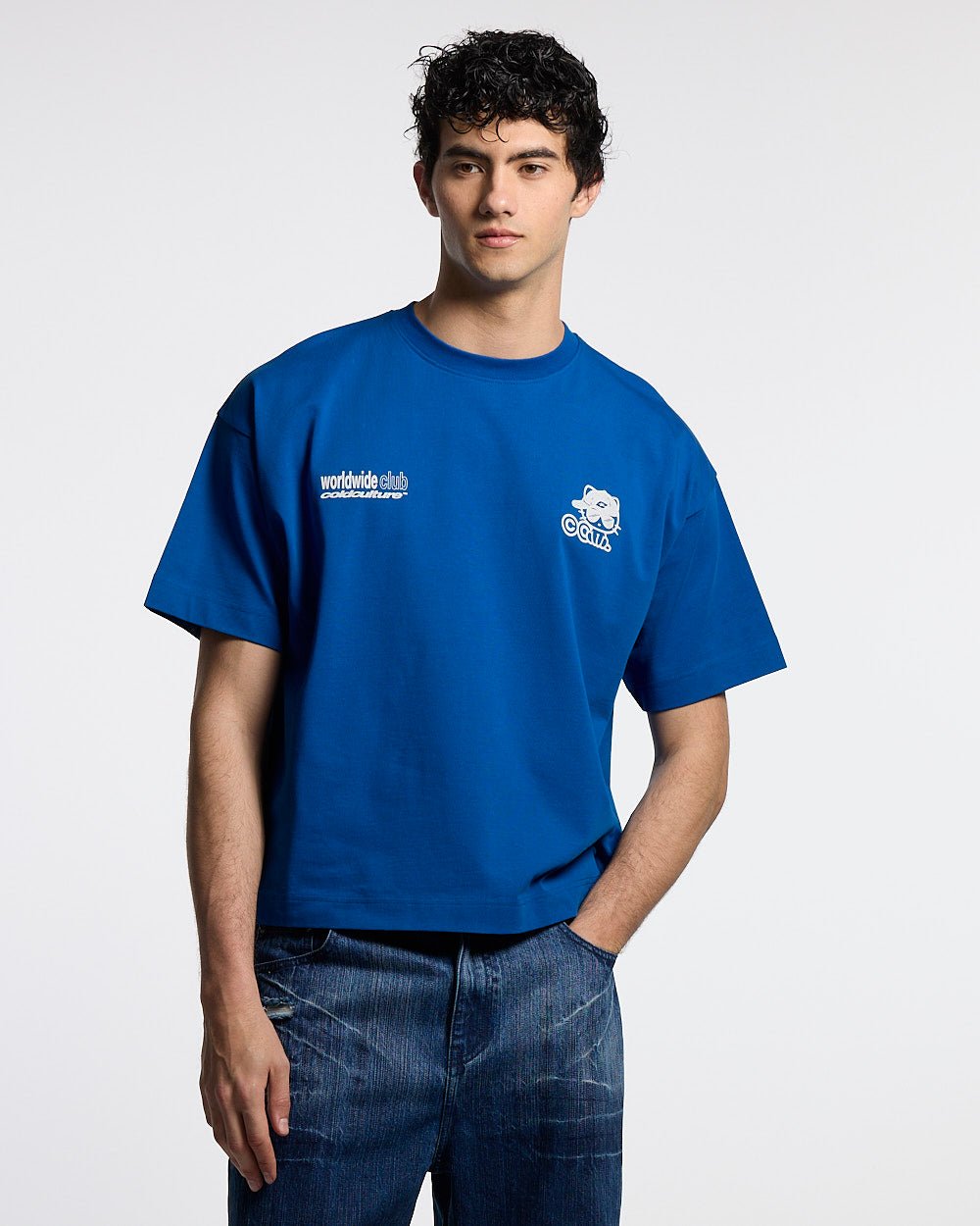 CIBERCAT TEE BLUE - blue graphic print tee, front view on male model - Cold Culture #man