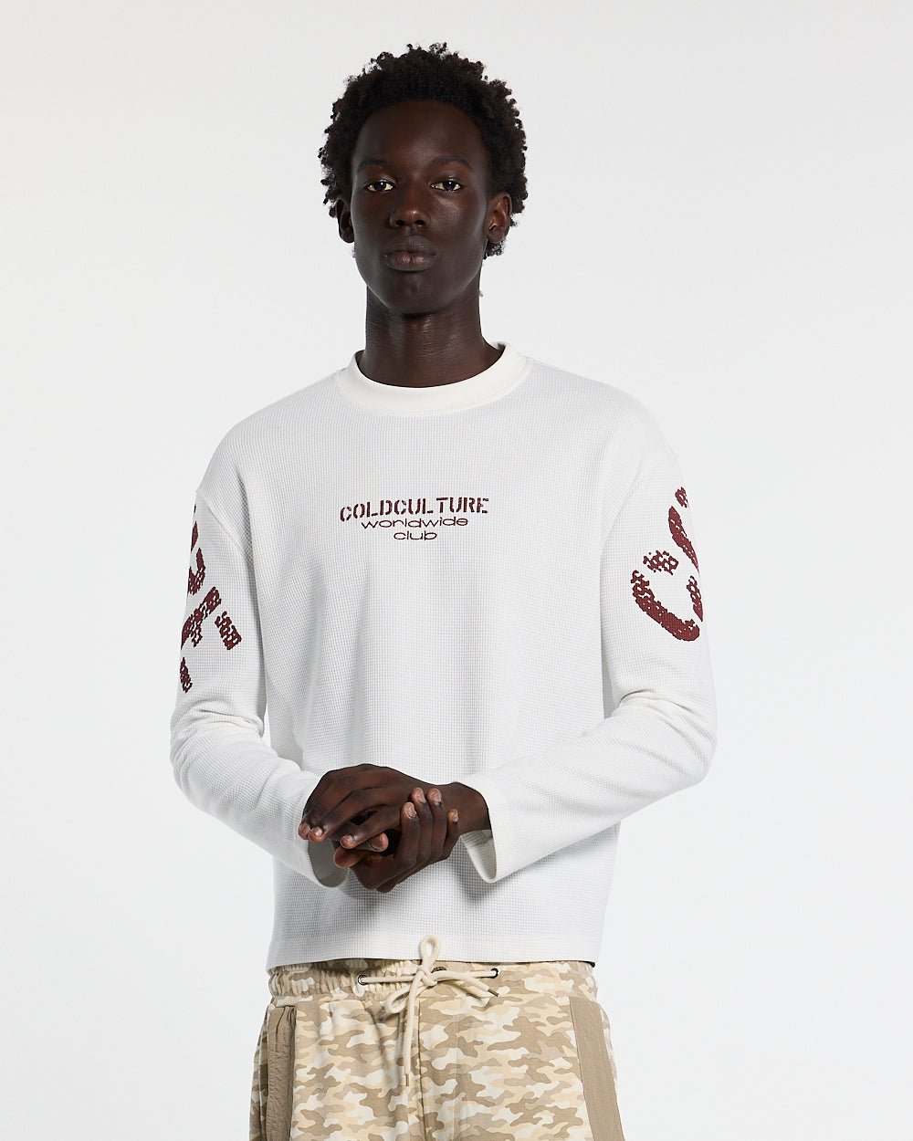 CIPHER LONGSLEEVE OFF-WHITE - off-white graphic print longsleeve tee, front view on male model - Cold Culture #man