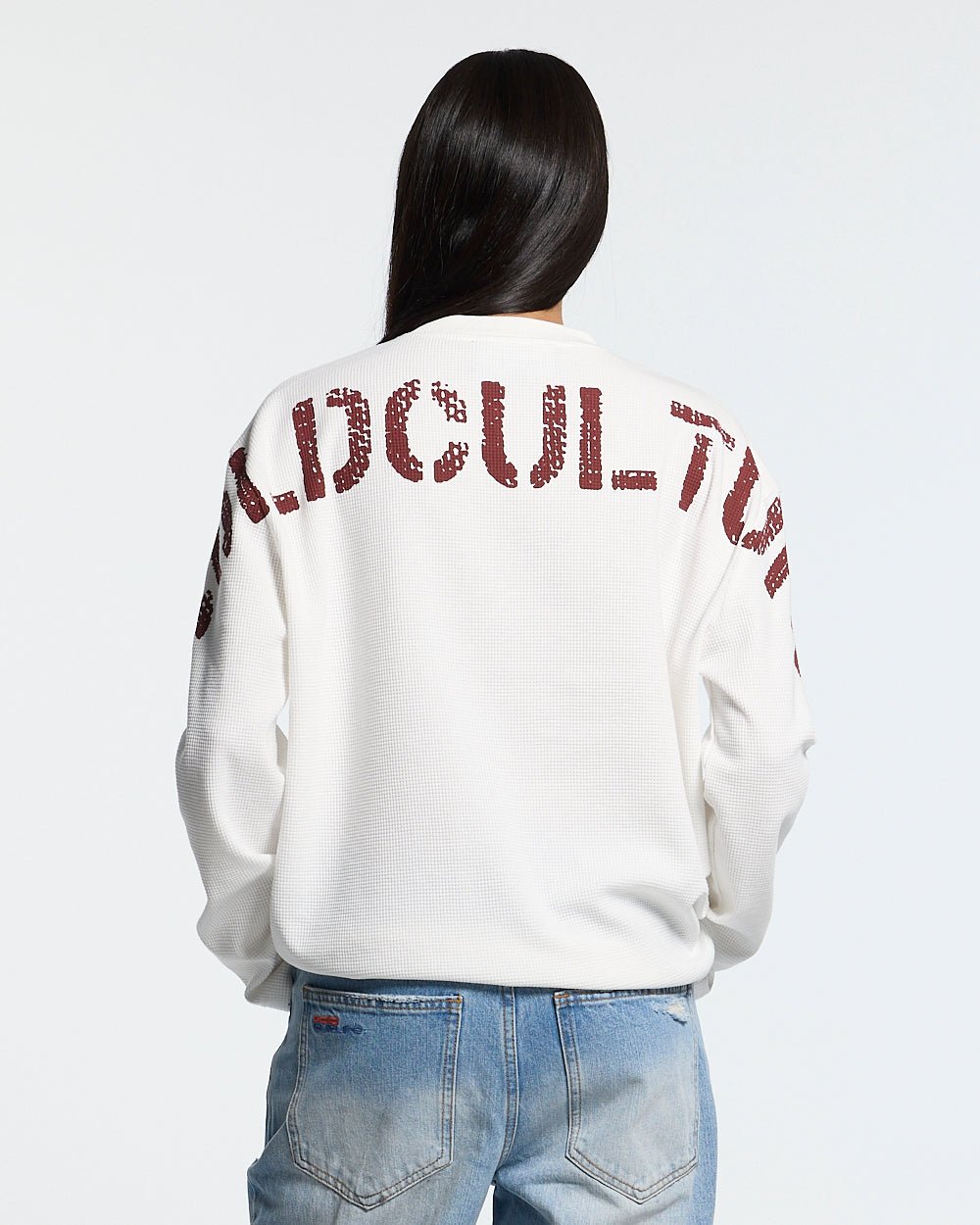 CIPHER LONGSLEEVE OFF-WHITE - off-white graphic print longsleeve tee, back view on female model - Cold Culture #woman
