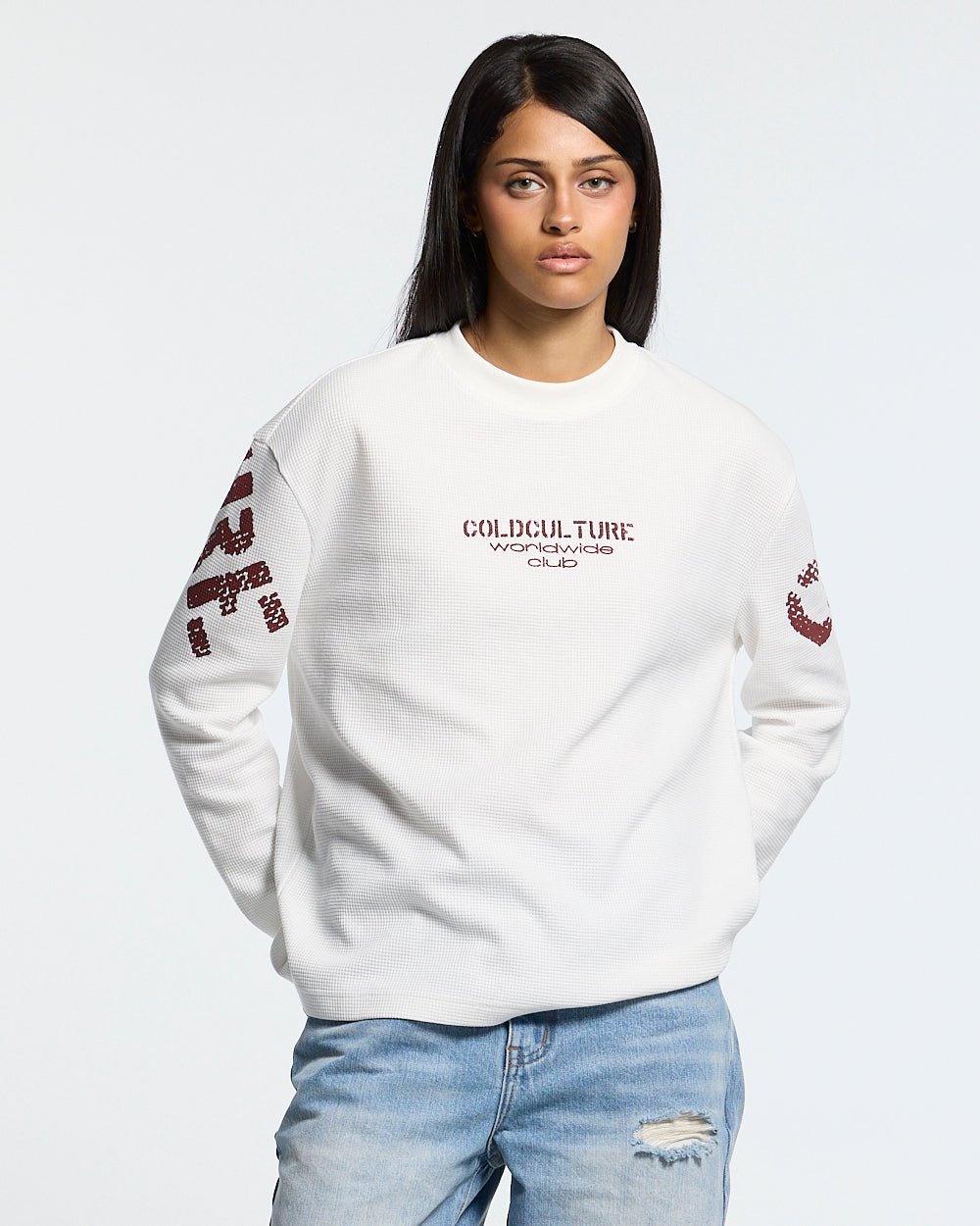 CIPHER LONGSLEEVE OFF-WHITE - off-white graphic print longsleeve tee, front view on female model - Cold Culture #woman