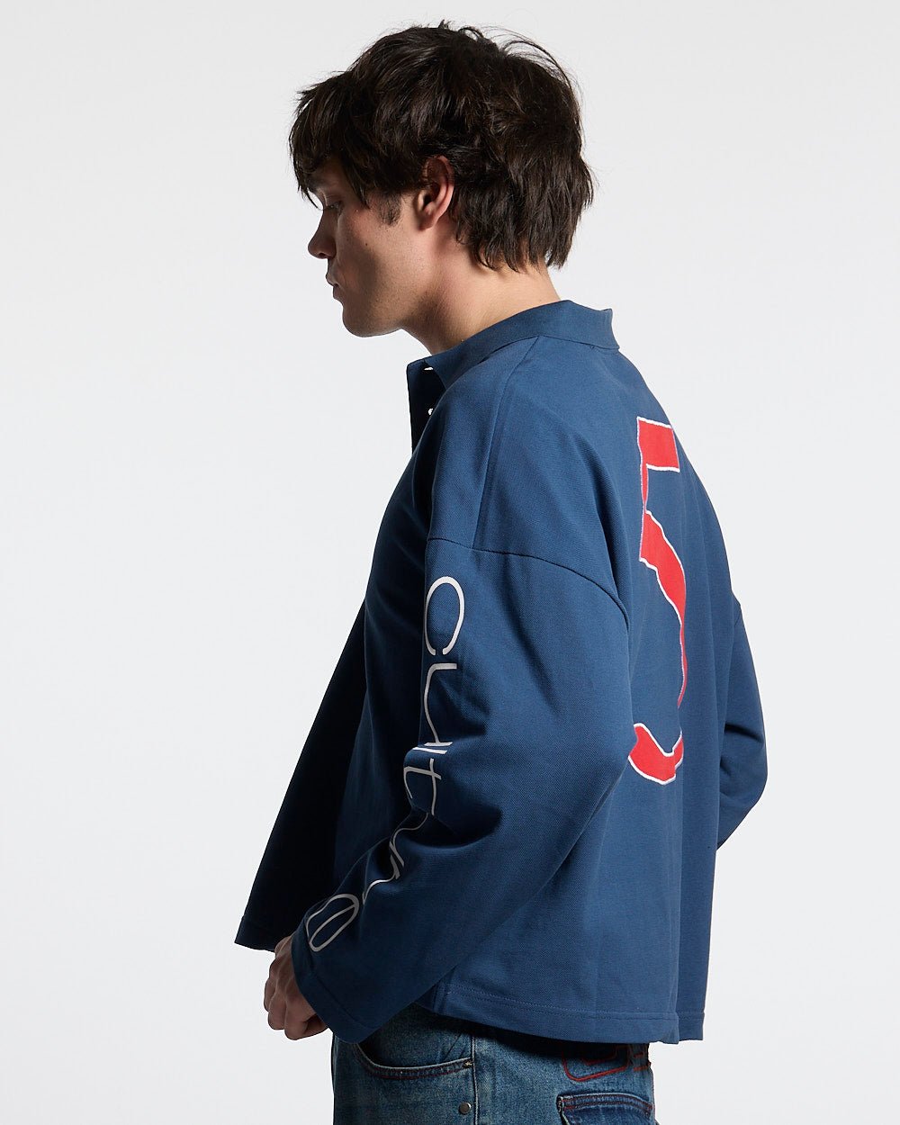 CLASSIC FIVE LONGSLEEVE POLO NAVY - navy longsleeve polo shirt, back view on male model - Cold Culture #man