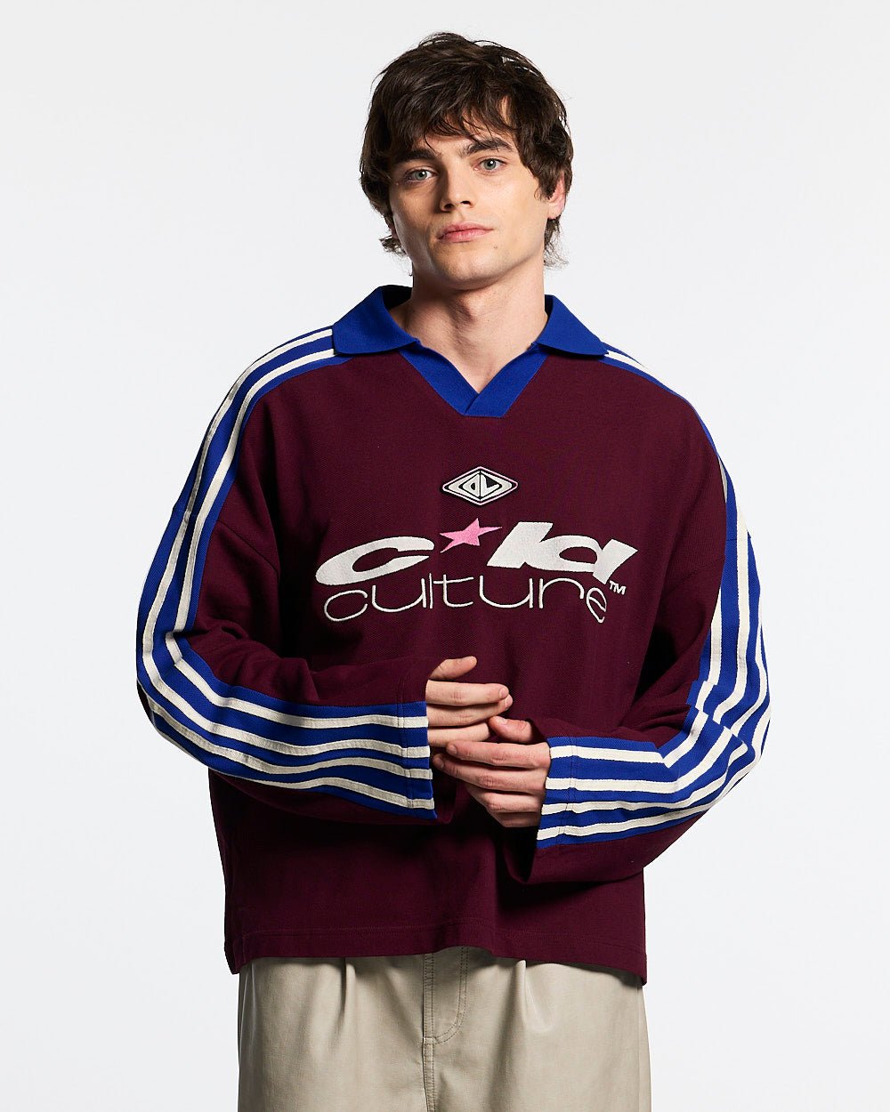 CLASSIC RAW POLO LONGSLEEVE BURGUNDY - burgundy striped longsleeve polo shirt, front view on male model - Cold Culture #man