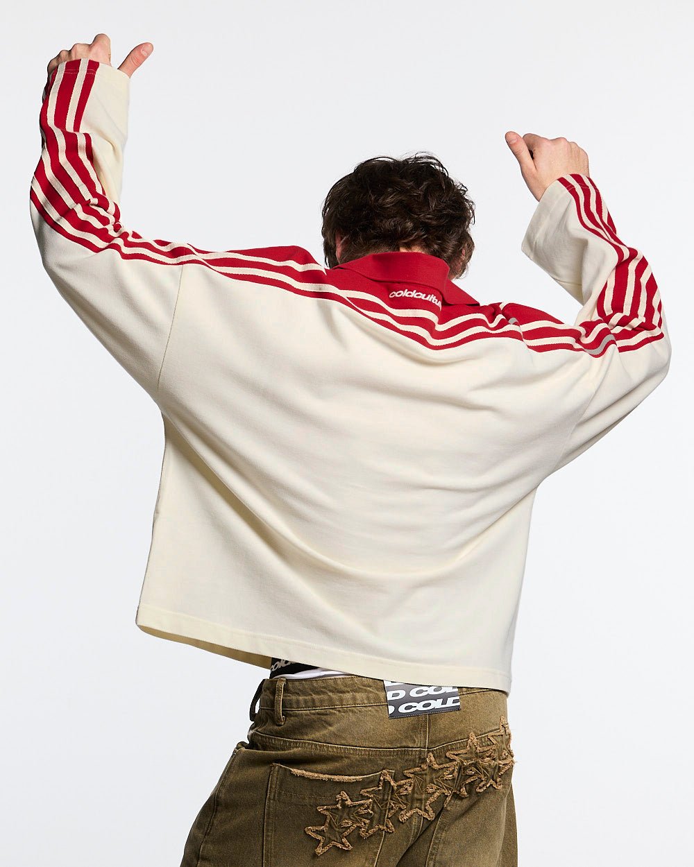 CLASSIC RAW POLO LONGSLEEVE CREAM - cream striped longsleeve polo shirt, back view on male model - Cold Culture #man