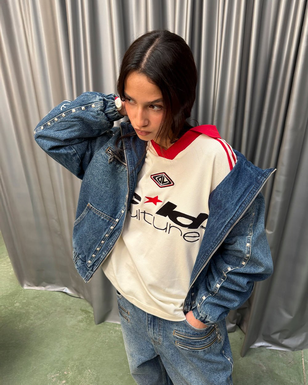 CLASSIC RAW POLO LONGSLEEVE CREAM - cream striped longsleeve polo shirt, street style shot - Cold Culture #woman