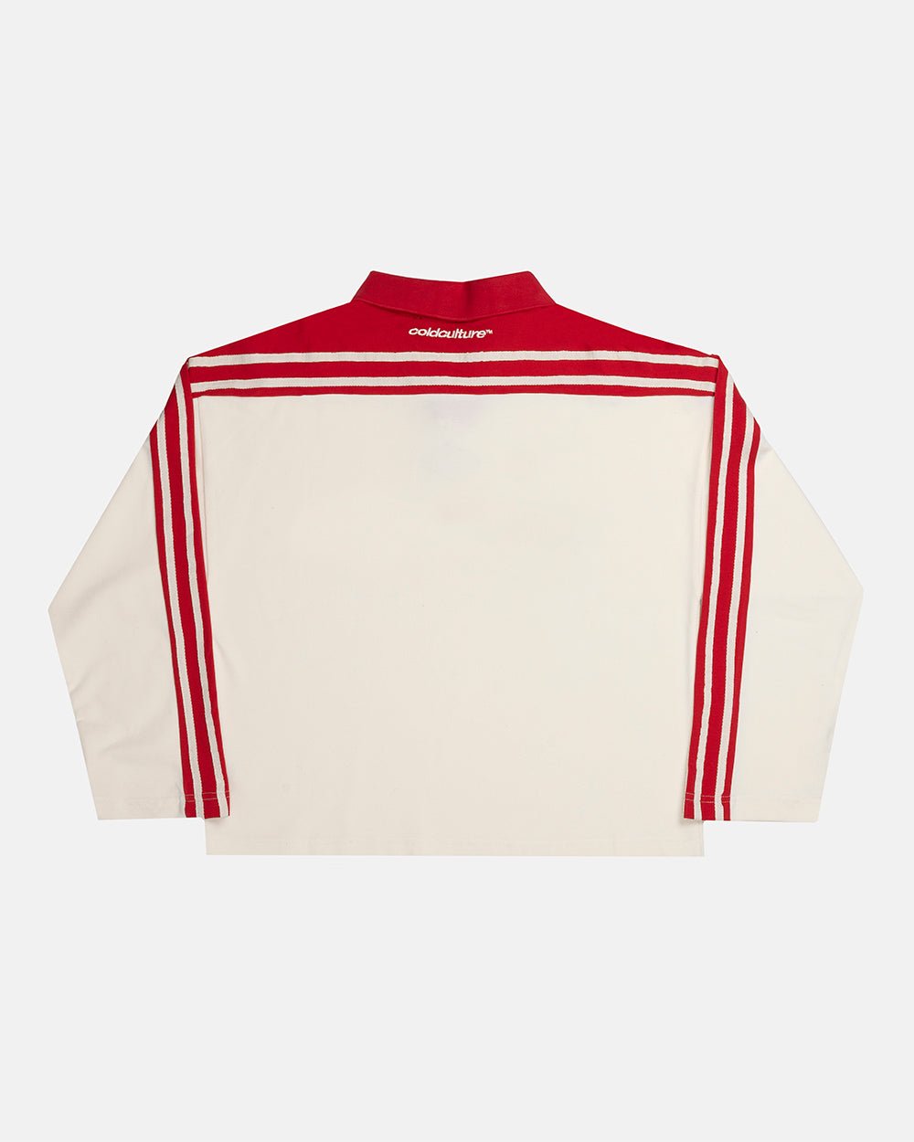 CLASSIC RAW POLO LONGSLEEVE CREAM - cream striped longsleeve polo shirt, back view - Cold Culture #packshot