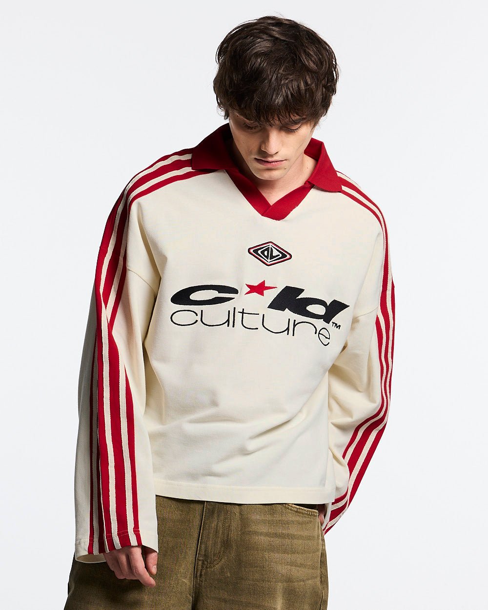 CLASSIC RAW POLO LONGSLEEVE CREAM - cream striped longsleeve polo shirt, front view on male model - Cold Culture #man