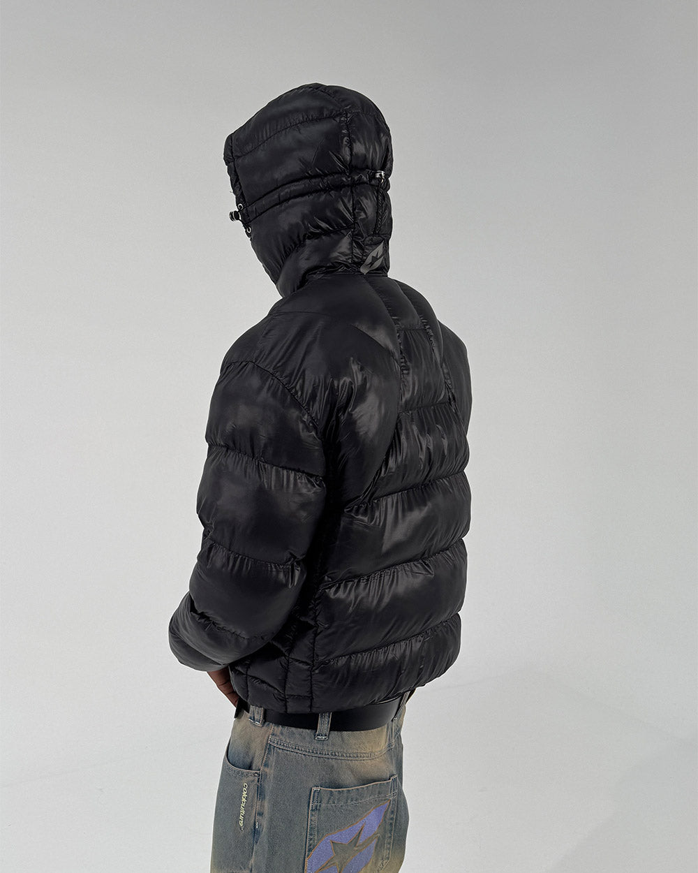 CLOUD ARMOR PUFFER BLACK - black glossy puffer jacket, back view on male model - Cold Culture