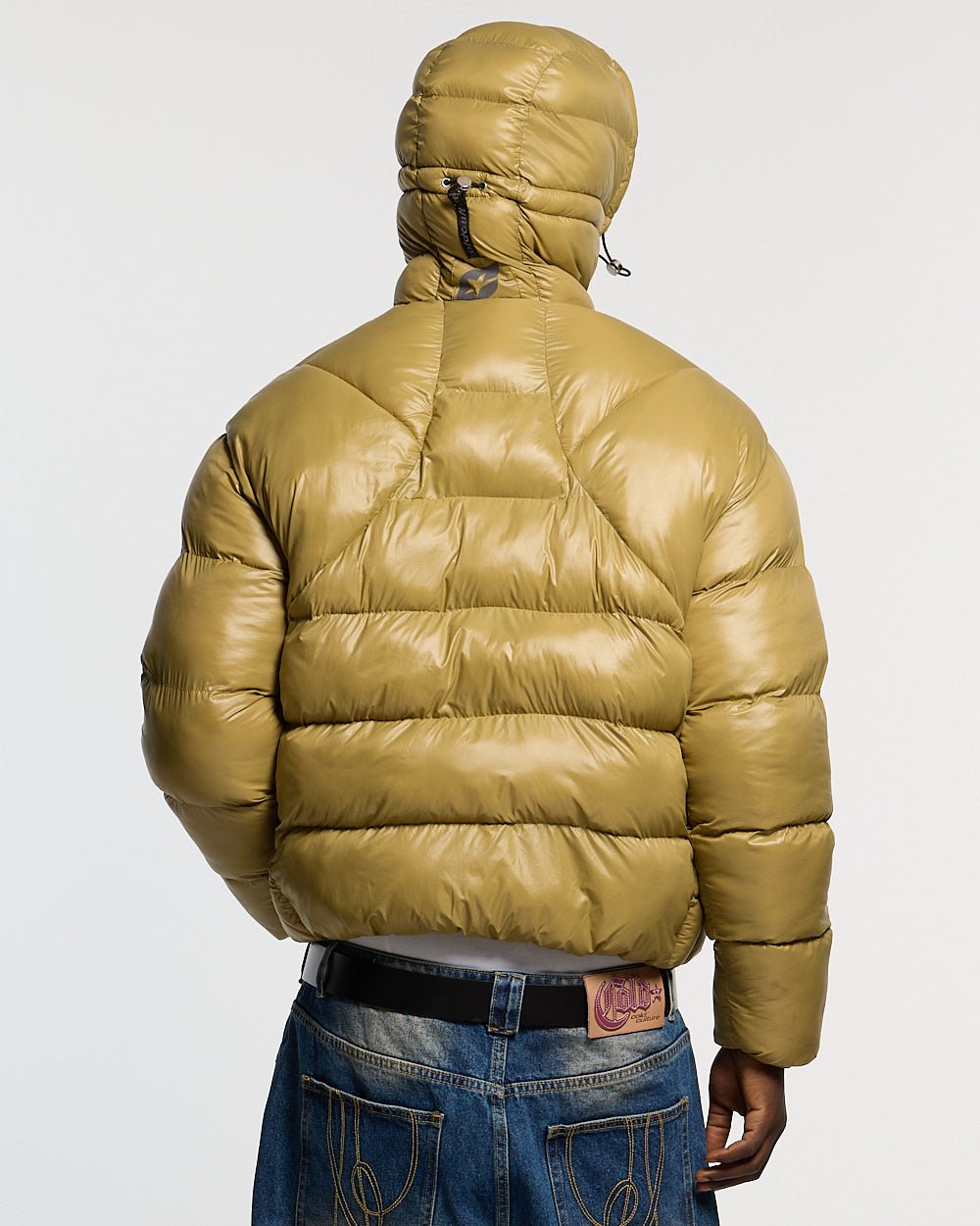 CLOUD ARMOUR PUFFER OLIVE GREEN - olive green hooded puffer jacket, back view on male model - Cold Culture