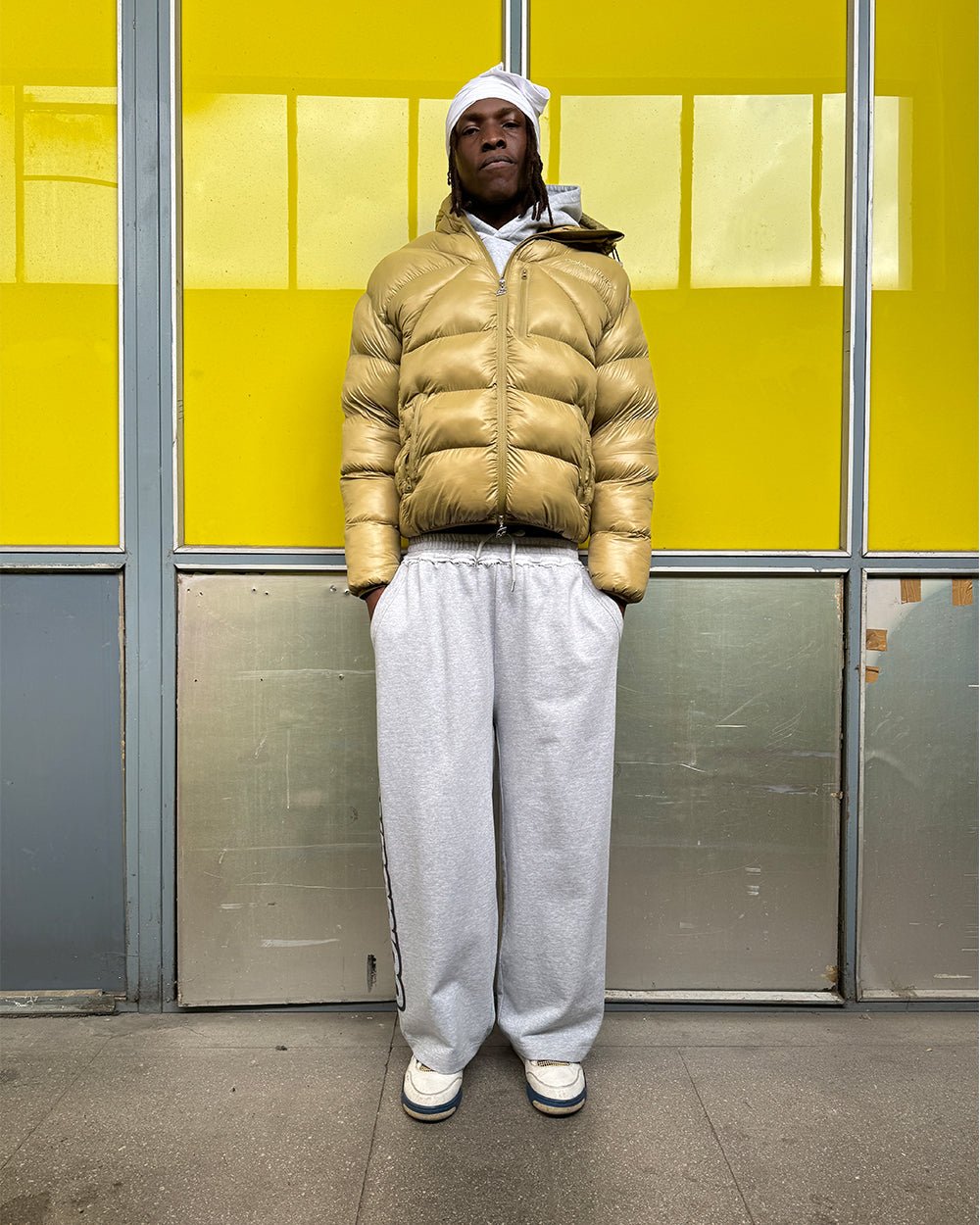 CLOUD ARMOUR PUFFER OLIVE GREEN - olive green hooded puffer jacket, street style shot - Cold Culture