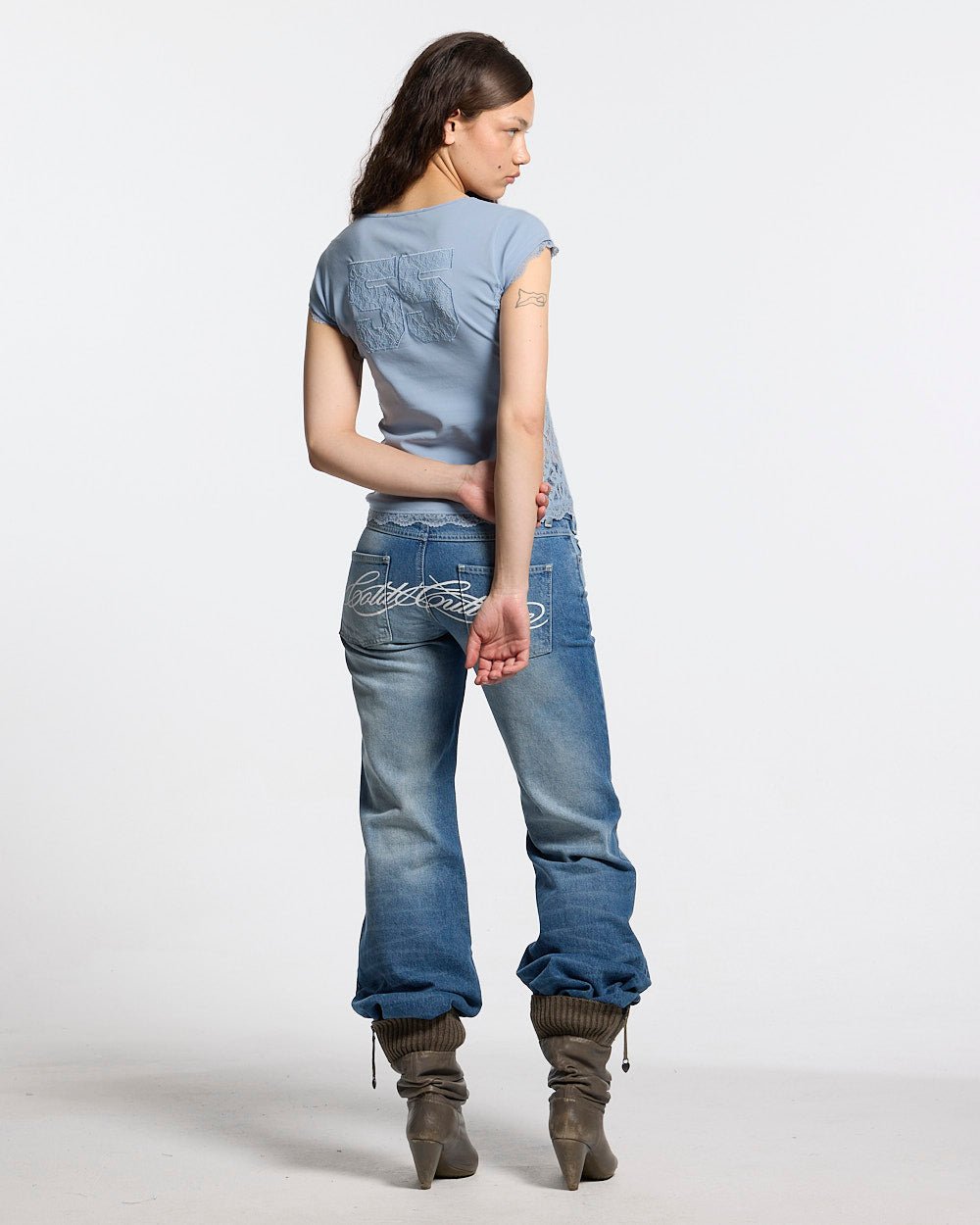 CLUB BABY TEE BABY BLUE - baby blue lace panel tee, back view on female model - Cold Culture #woman