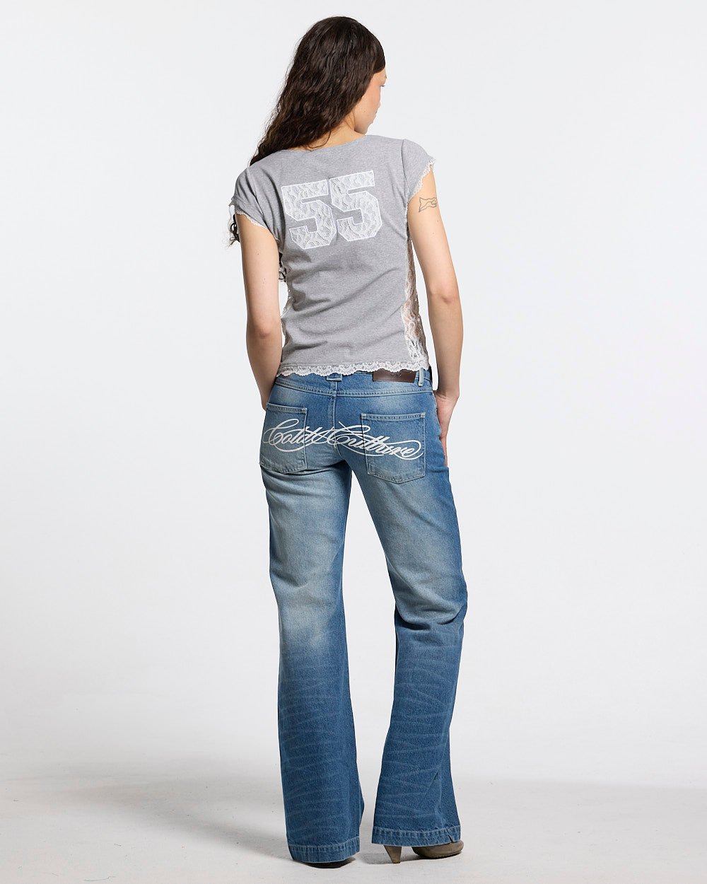 CLUB BABY TEE HEATHER GREY - heather grey lace panel tee, back view on female model - Cold Culture #woman