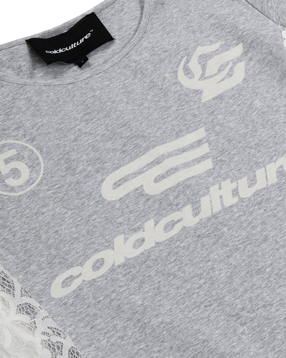 CLUB BABY TEE HEATHER GREY - heather grey lace panel tee, detail close-up - Cold Culture