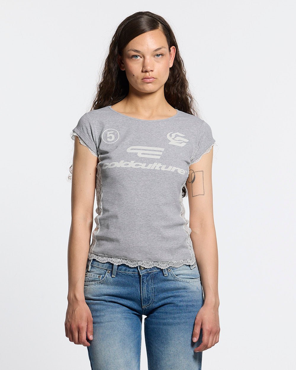 CLUB BABY TEE HEATHER GREY - heather grey lace panel tee, front view on female model - Cold Culture #woman