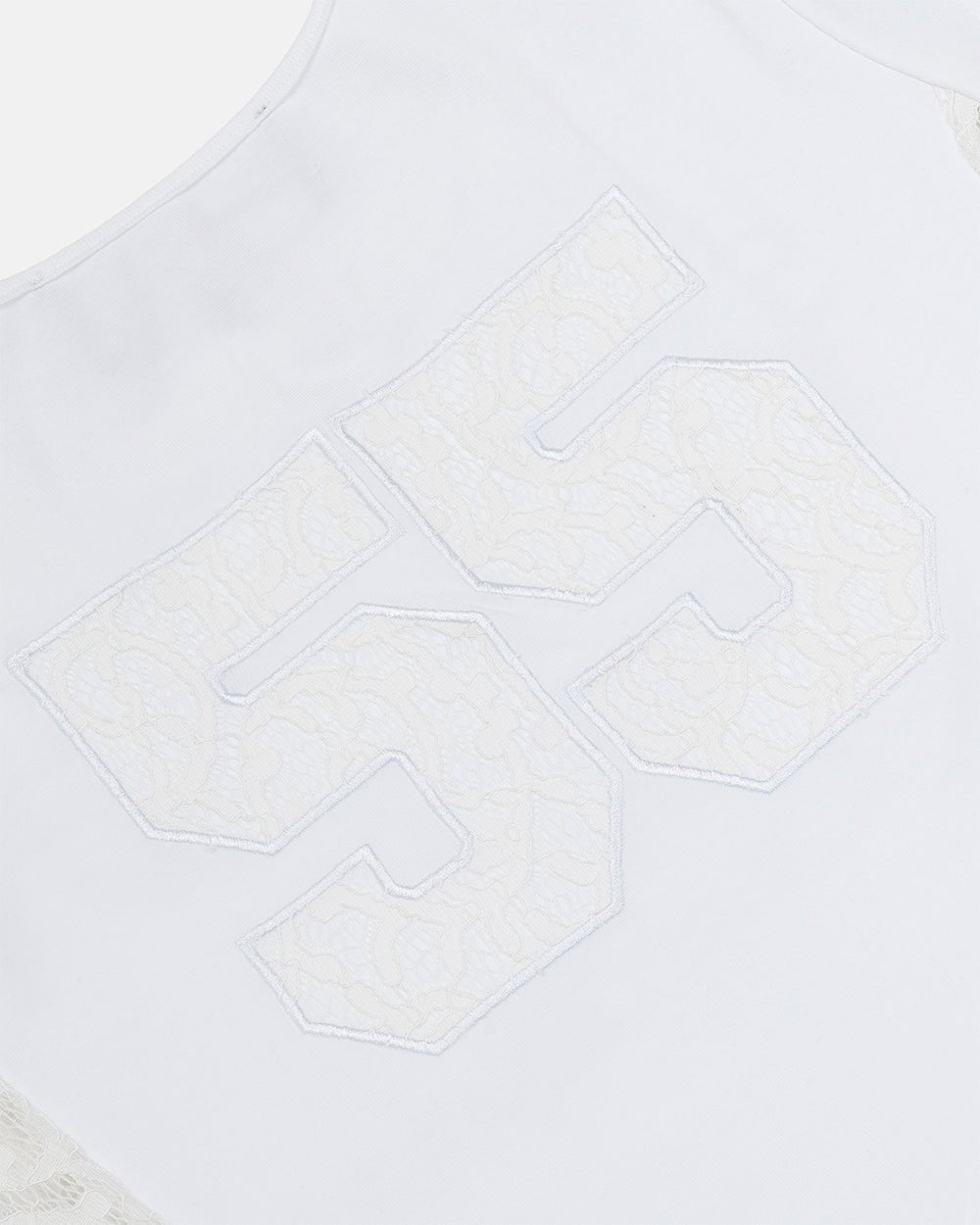 CLUB BABY TEE WHITE - white lace panel tee, detail close-up - Cold Culture