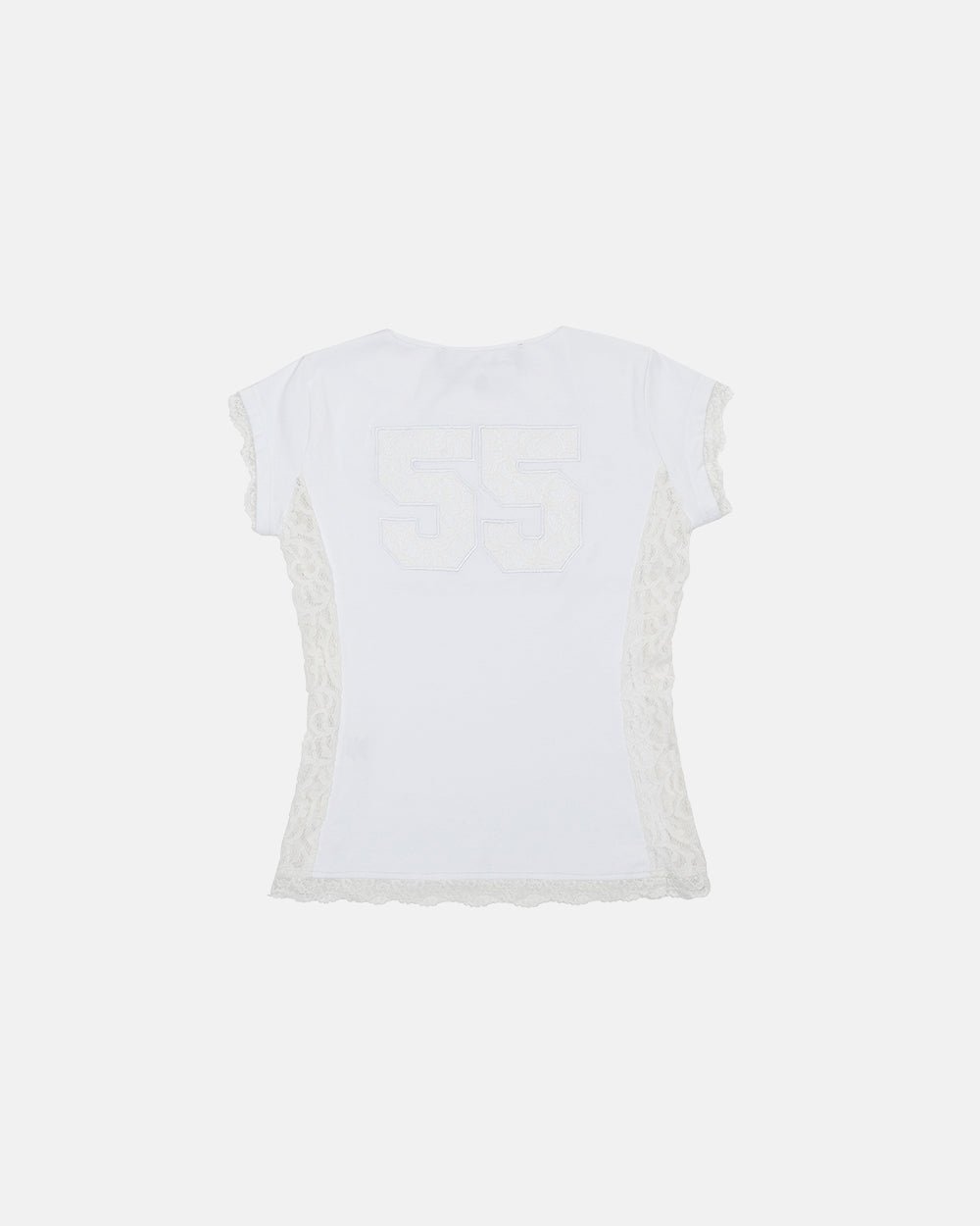 CLUB BABY TEE WHITE - white lace panel tee, back view - Cold Culture #packshot