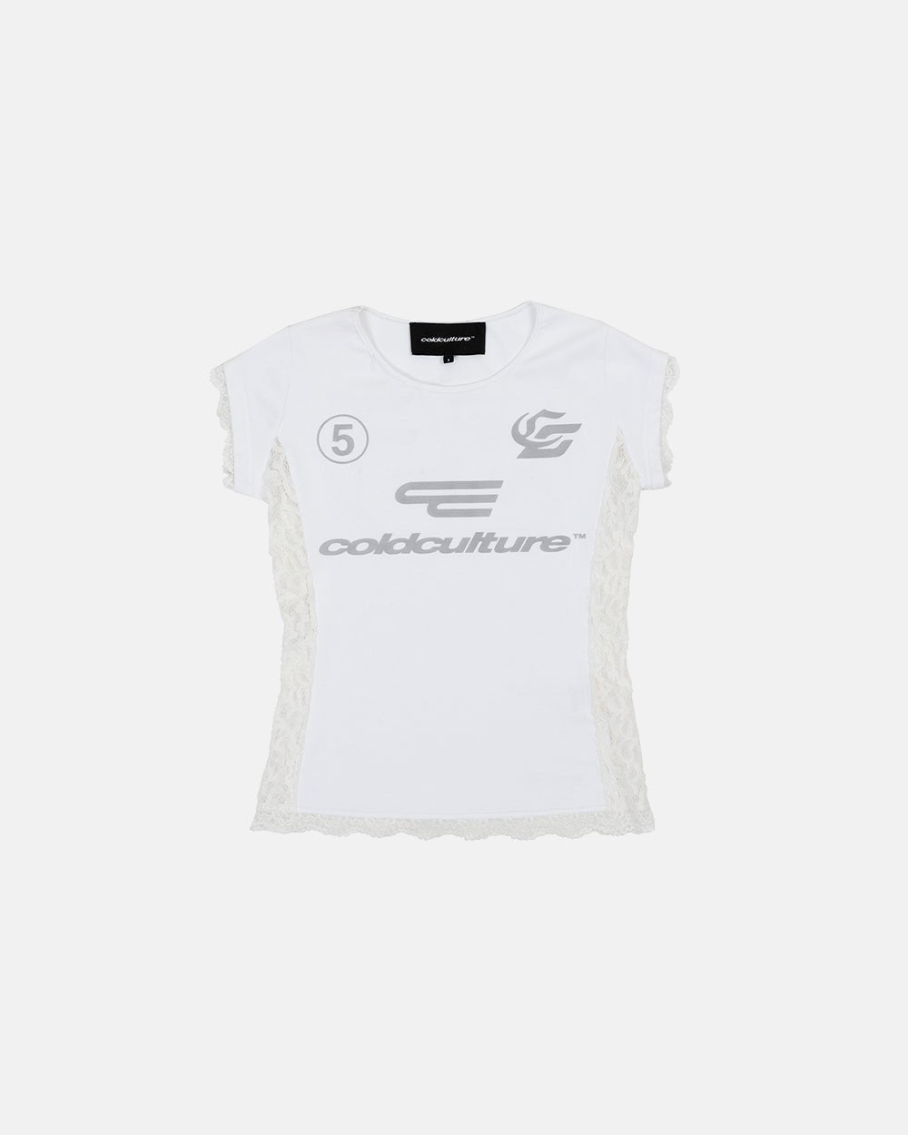 CLUB BABY TEE WHITE - white lace panel tee, front view - Cold Culture #packshot