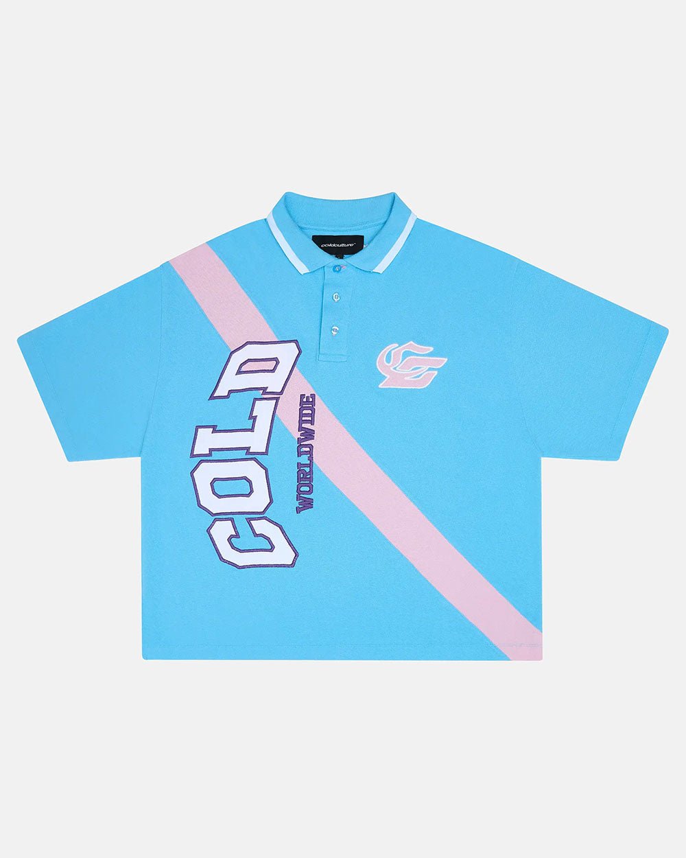 COCKY POLO BLUE - blue graphic print polo shirt, front view - Cold Culture #packshot