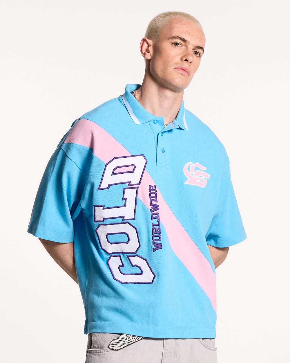 COCKY POLO BLUE - blue graphic print polo shirt, front view on male model - Cold Culture #man