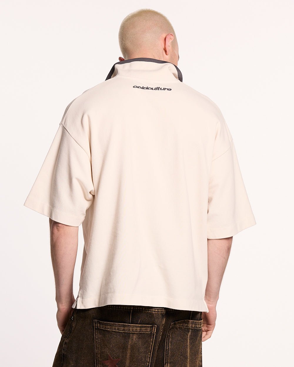 COCKY POLO GREY - grey graphic print polo shirt, back view on male model - Cold Culture #man