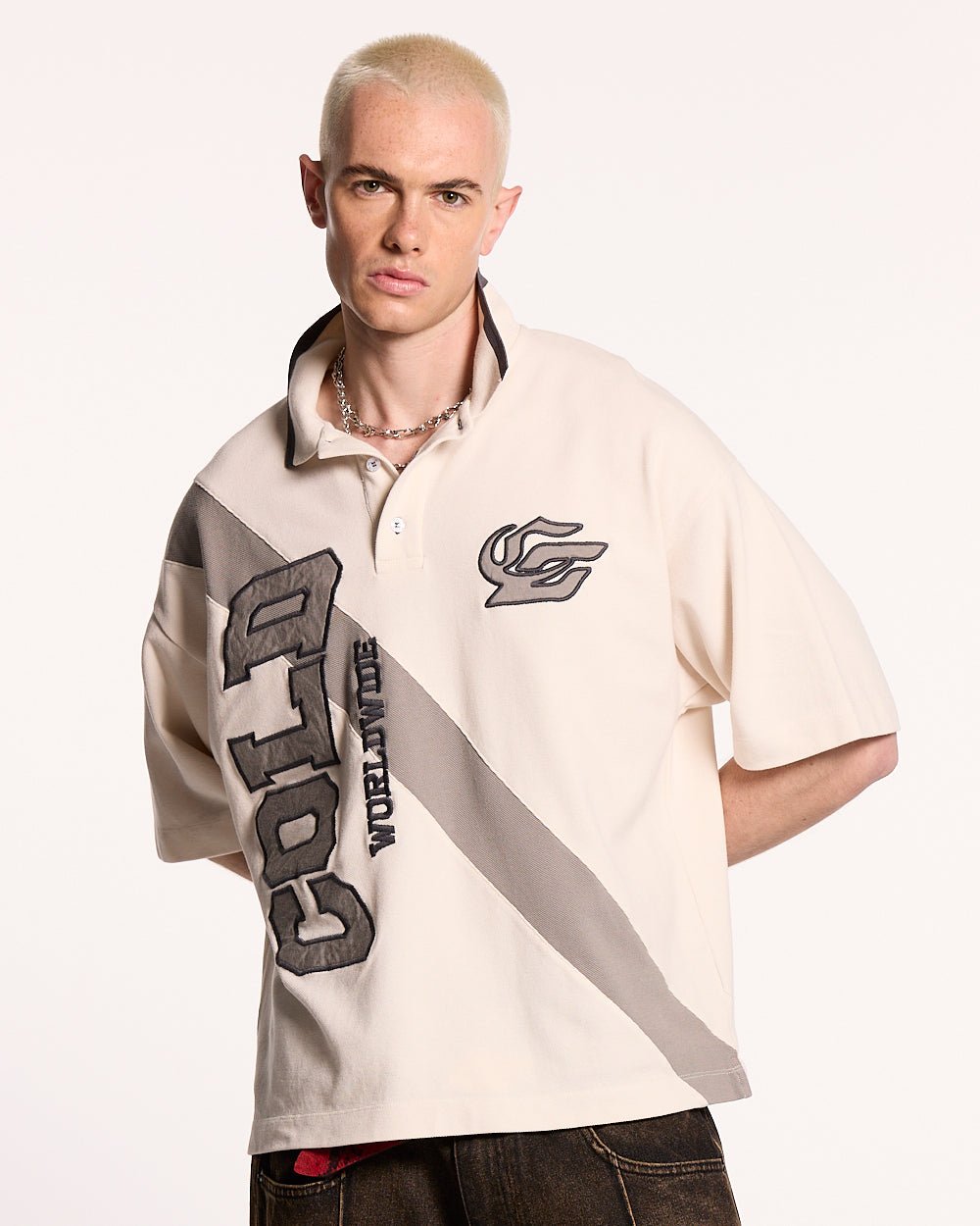 COCKY POLO GREY - grey graphic print polo shirt, front view on male model - Cold Culture #man