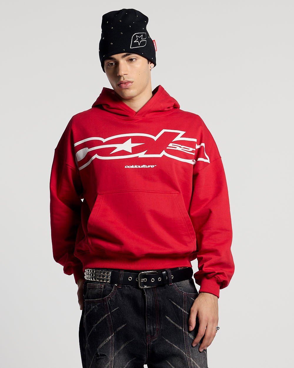 COLD 521 HOODIE RED - red logo print hoodie, front view on male model - Cold Culture #man