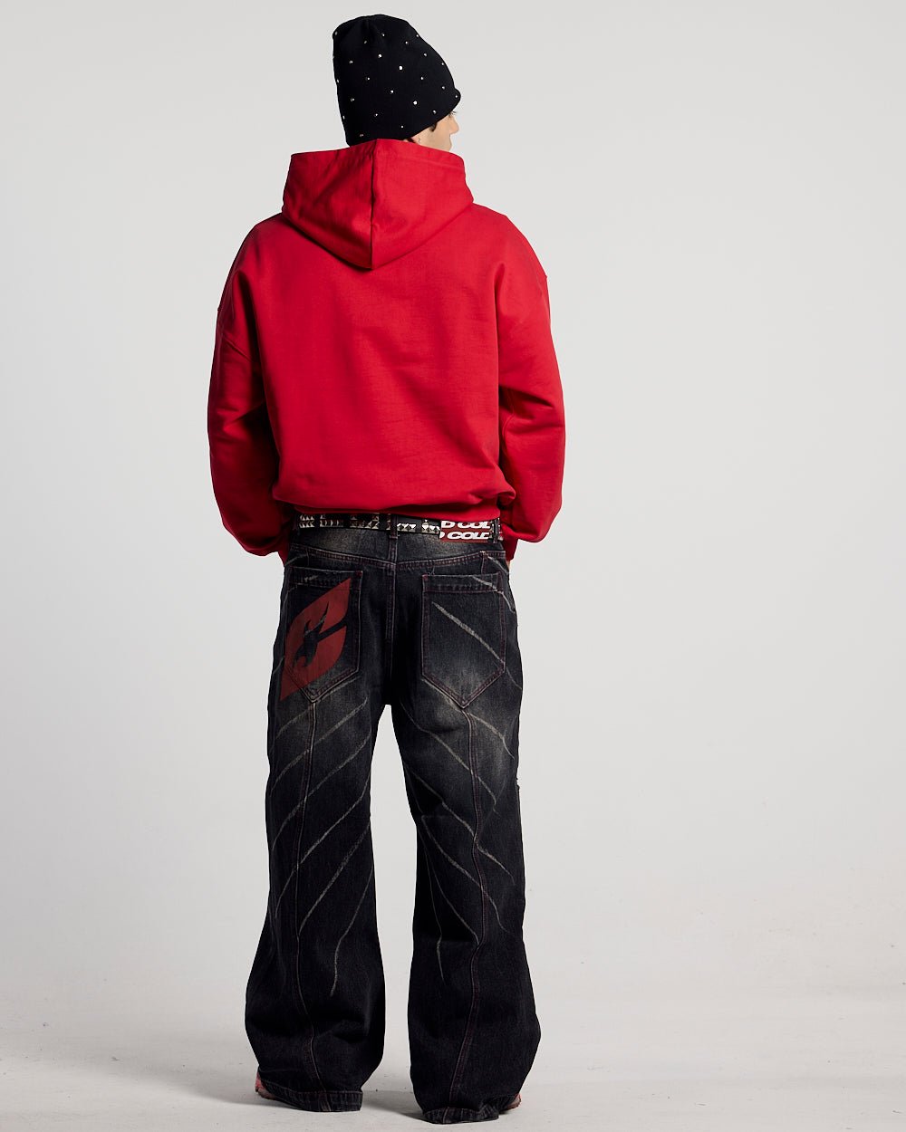 COLD 521 HOODIE RED - red logo print hoodie, back view on male model - Cold Culture