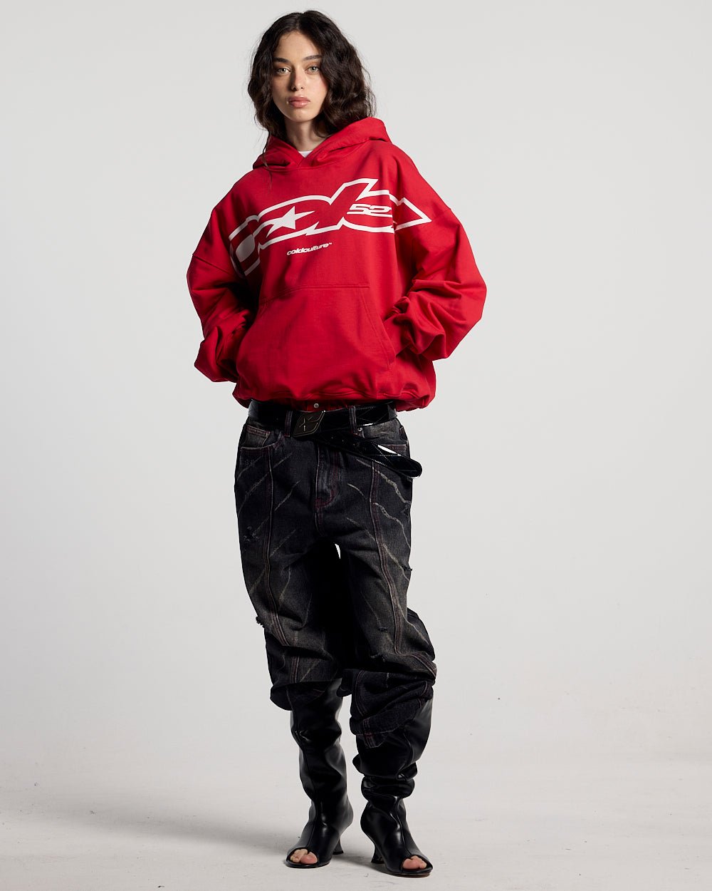 COLD 521 HOODIE RED - red logo print hoodie, front view on female model - Cold Culture #woman