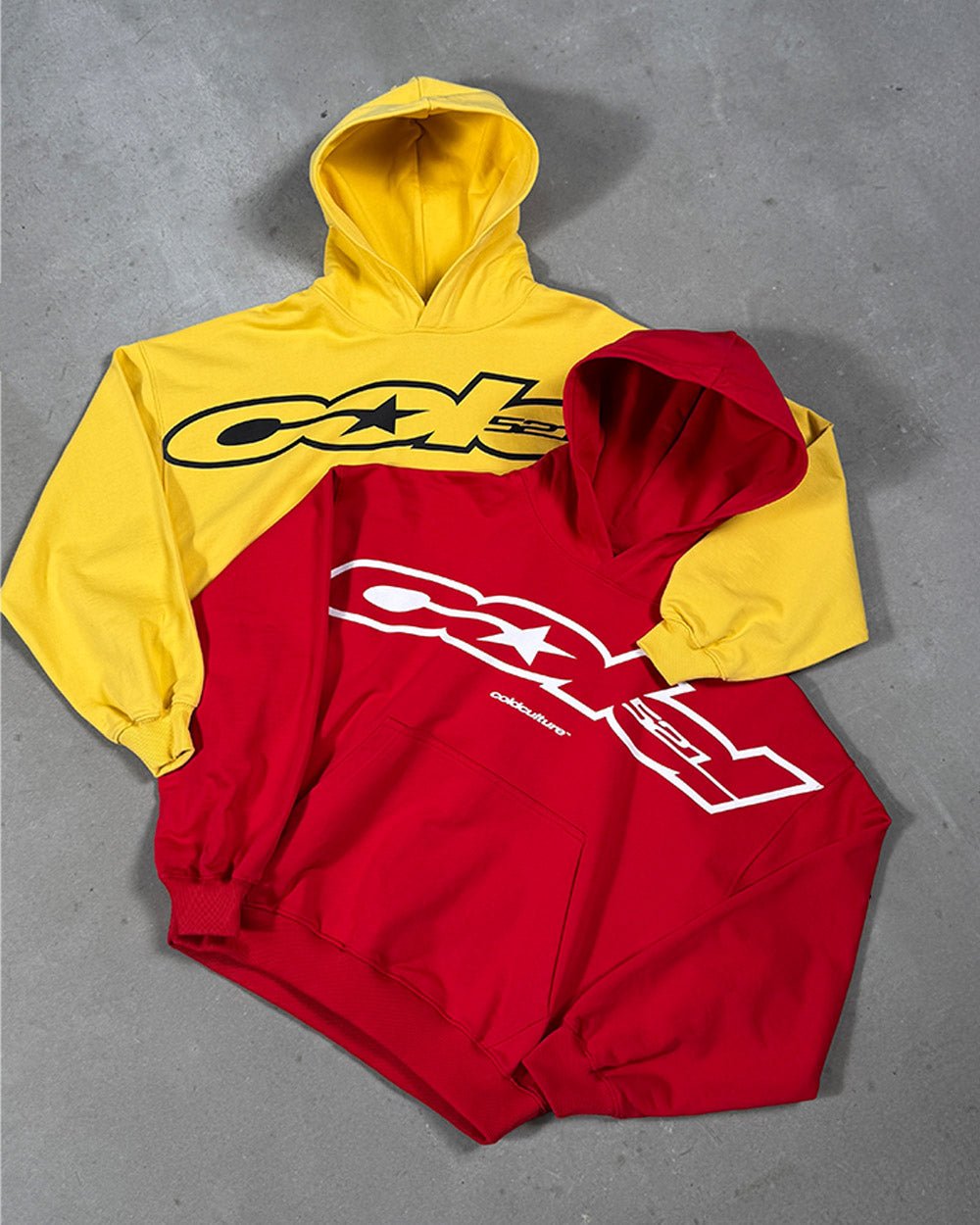 COLD 521 HOODIE YELLOW - yellow logo print hoodie, flat lay with matching pieces - Cold Culture