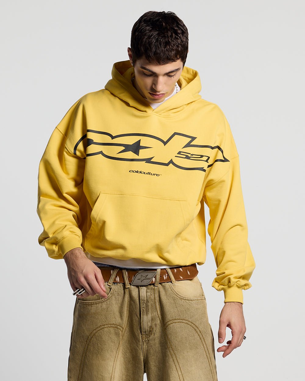 COLD 521 HOODIE YELLOW - yellow logo print hoodie, front view on male model - Cold Culture #man